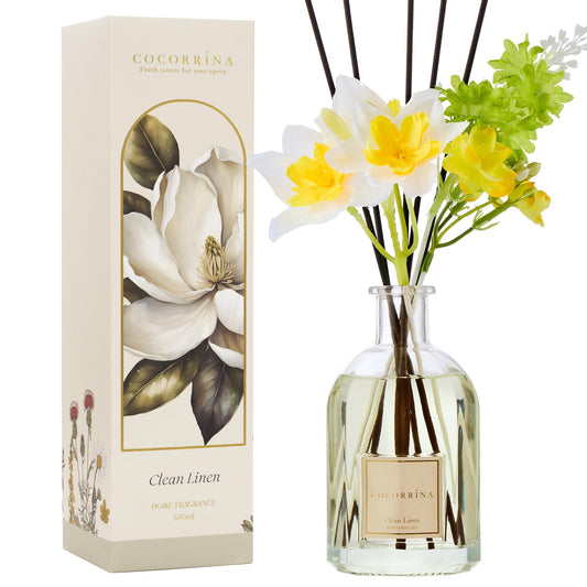 COCORRÍNA Reed Diffuser - Clean Linen 8.5 Fl.oz/ 250ml Flower Diffuser with 8 Sticks, Reed Diffusers for Home Bathroom Shelf Decor (Botanical Flower Collection)