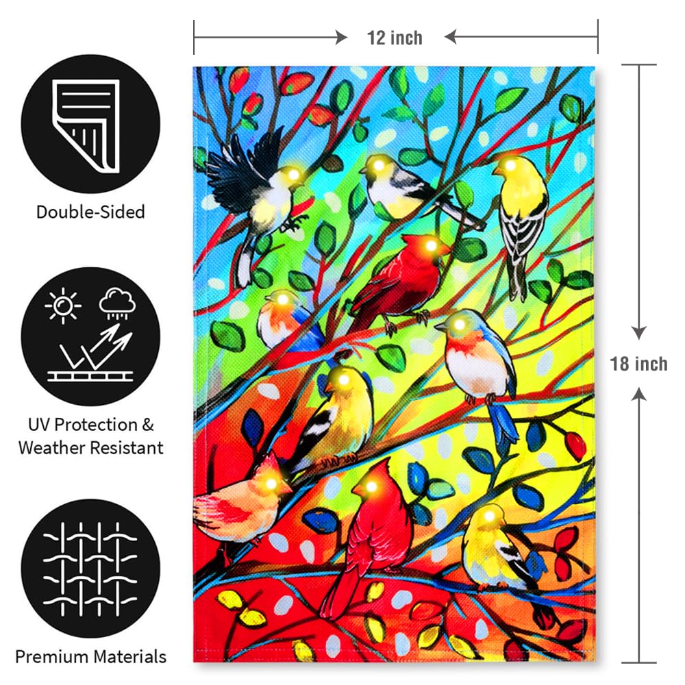 YMYIELD Lighted Tree Birds Garden Flags 12x18 Double Sided Solar LED Flashing Yard Flag for Lawn Outdoor Patio Decorations (Stand Not Included)