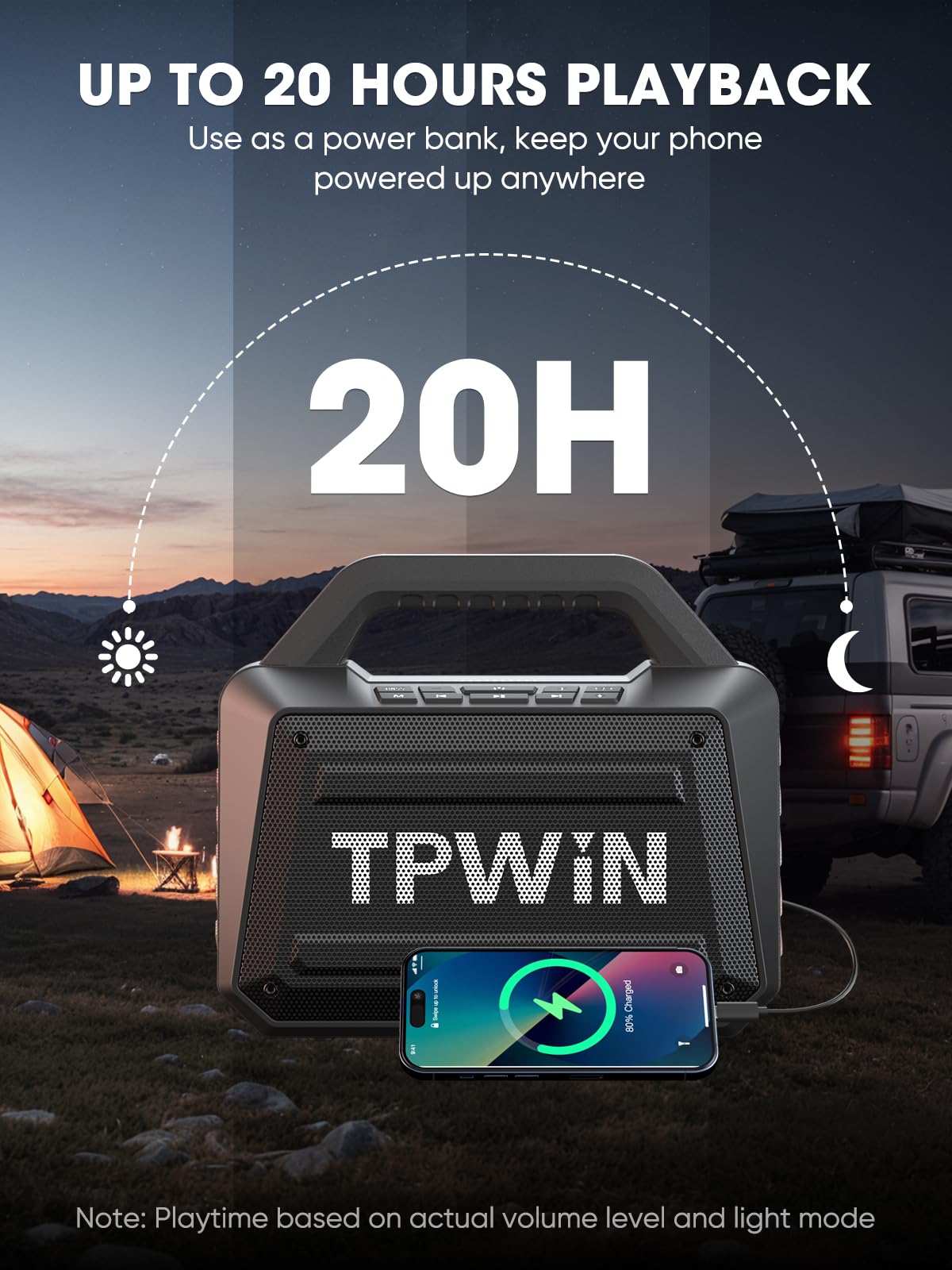 TPWIN Bluetooth Speaker Wireless - Portable Loud Speakers 80W Peak, 20H Playtime, Light Show, TWS, Deep Bass, BT 5.3, IPX6 Waterproof for Outdoor Travel Camping Beach Pool - Black