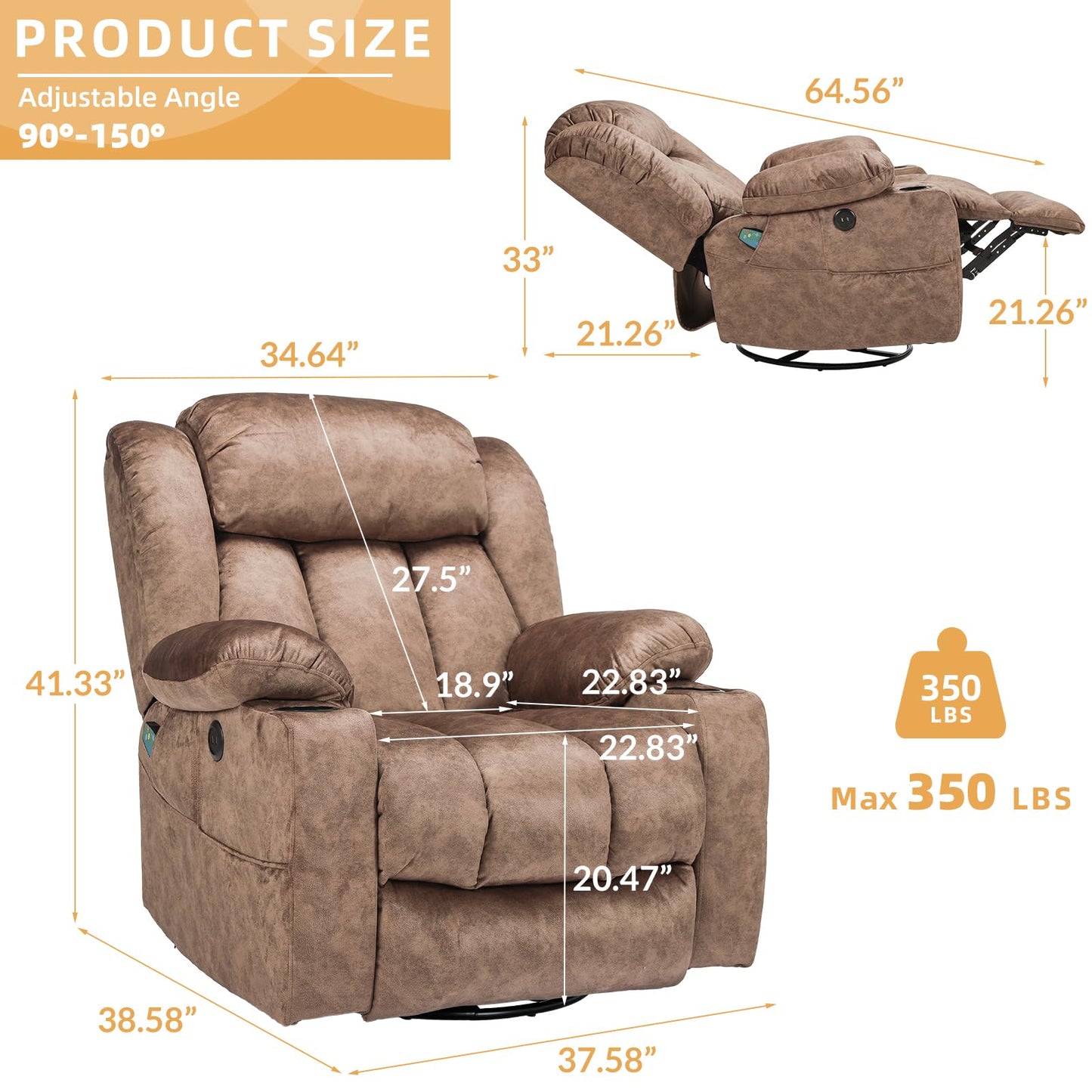 W WARMHOL 360° Swivel Glider Rocking Recliner Chair, Overstuffed Manual Massage Recliner with Heat and Vibration, Single Modern Sofa Home Seating for Living Room, Cup Holders/USB Ports (Plush-Brown)