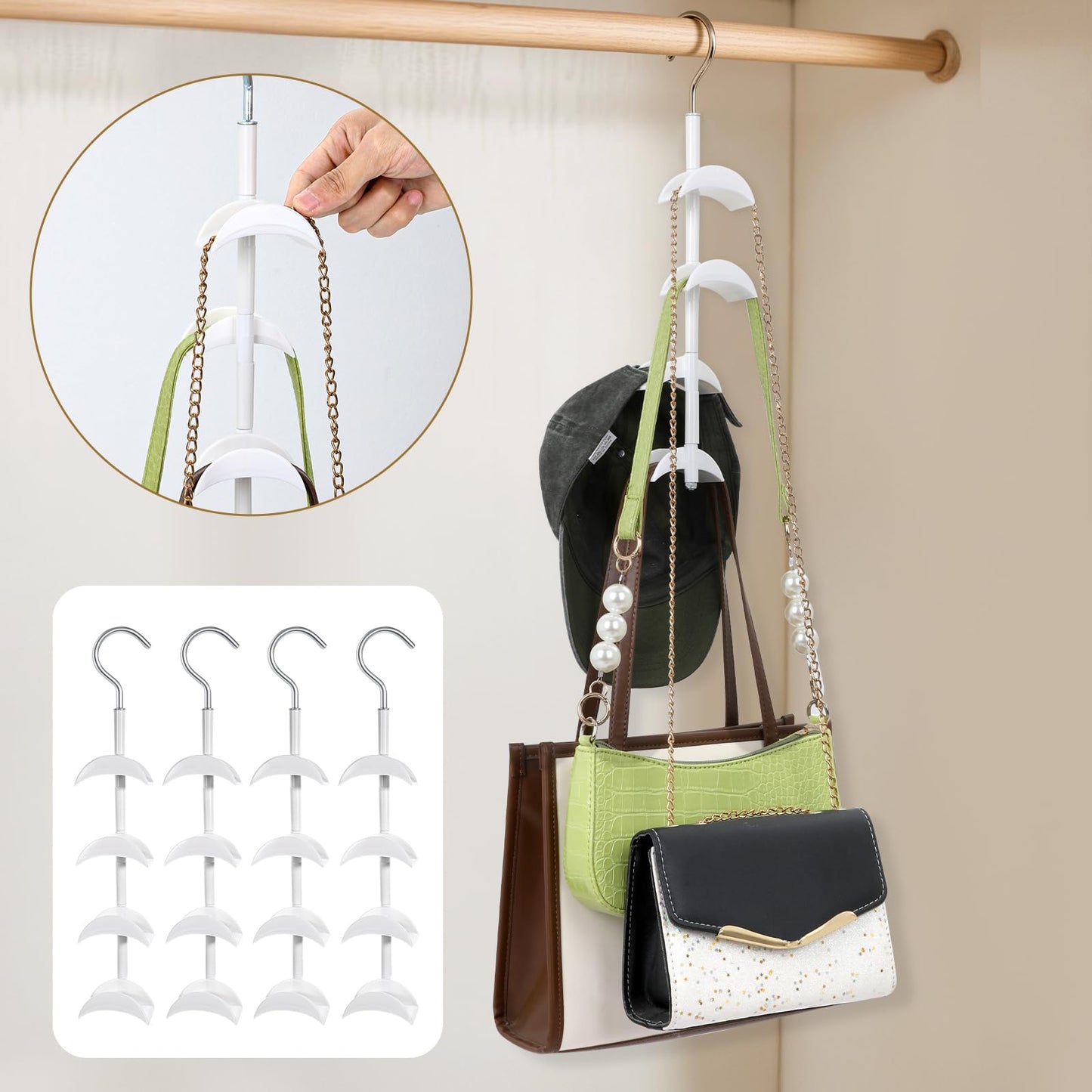 Dimeho 4 Pcs Purse Hanger for Closet, Hanging Bag Holder 360°Rotatable Handbag Hook Space Saving Bags Storage Metal Backpack Rack Purses White Tote Bag Hanging Organizer for Closet
