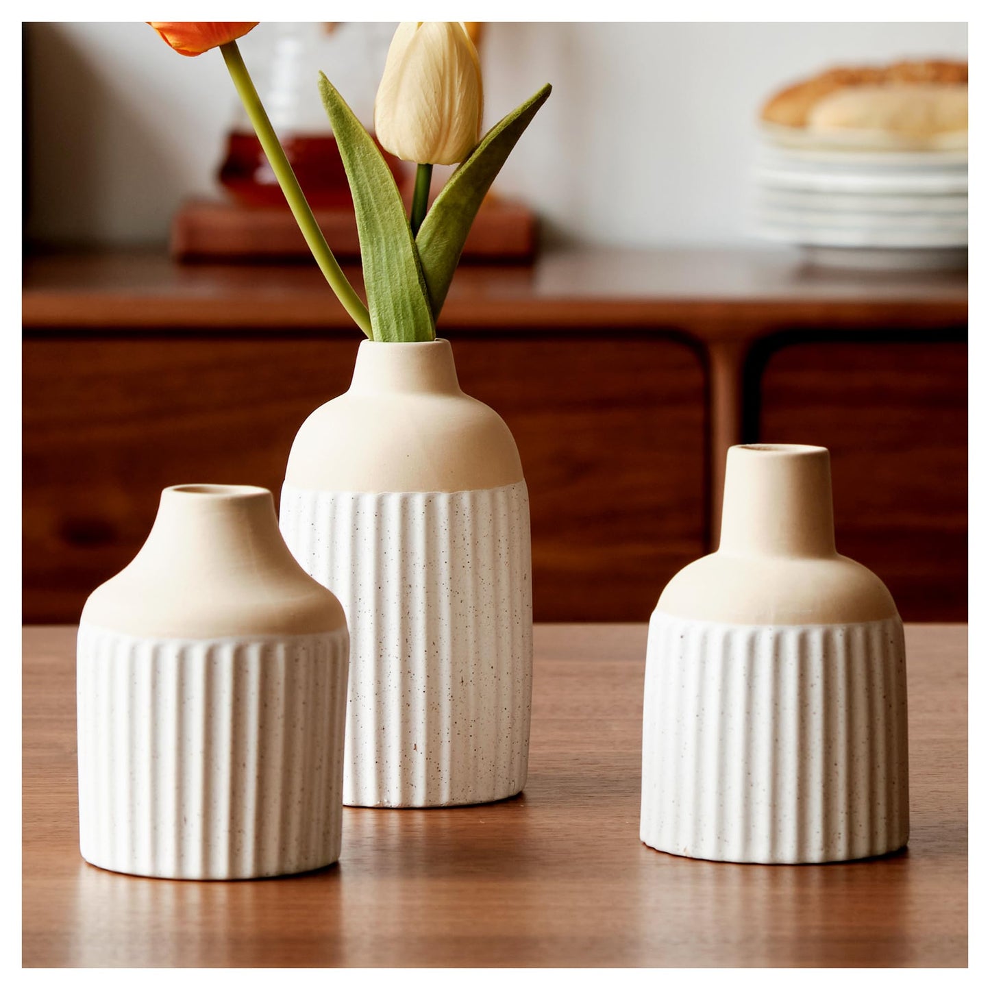 Bud Flower Vase Set of 3 - Modern Boho Aesthetic Ceramic Decorations - Small Decorative Vases Home Decor for Living Room Coffee Table Book Shelf Shelves Mantle Entryway Centerpiece (Beige White)