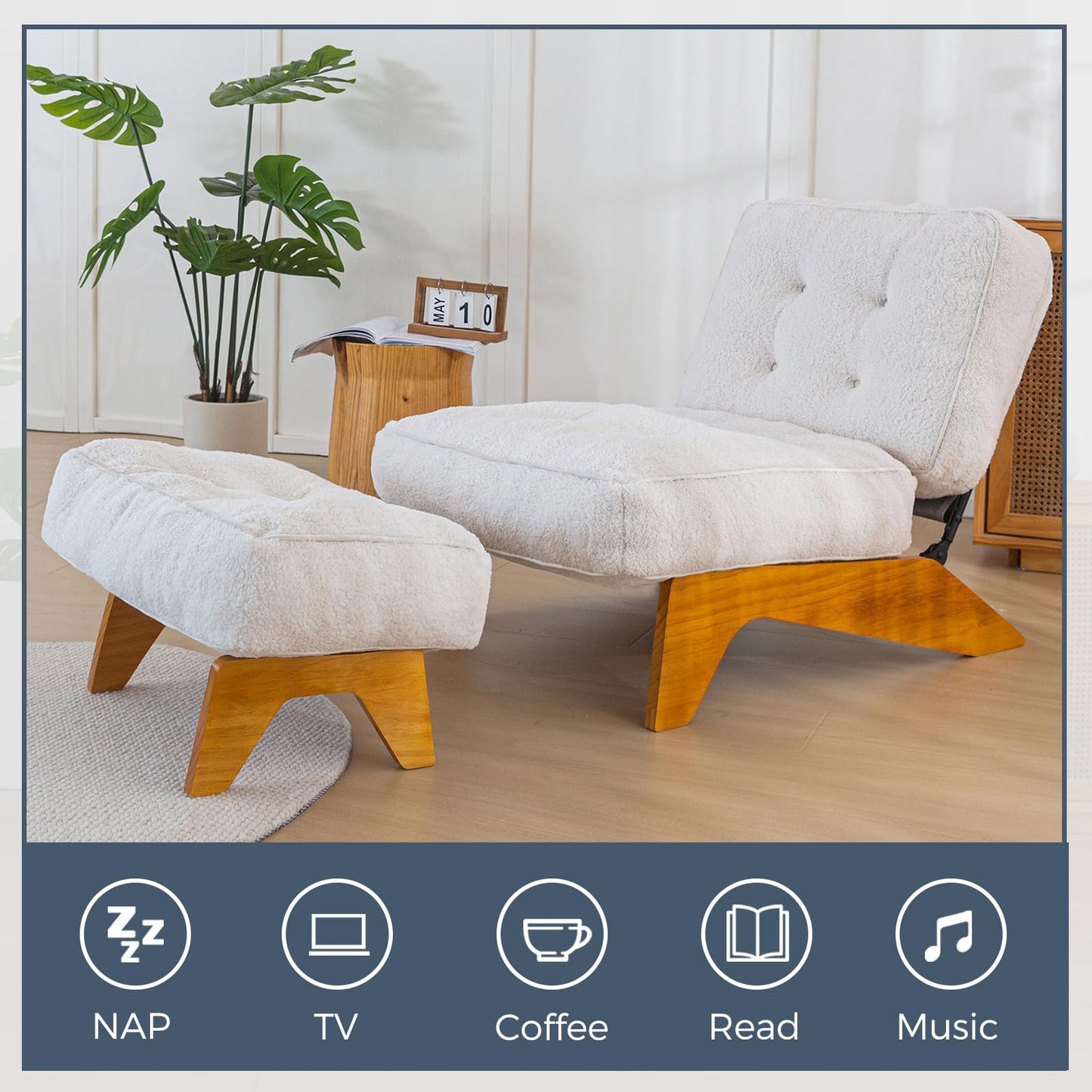 MAXYOYO Adjustable Accent Chair with Ottoman, Thick Cushion Seated Lounge Chair Reclining Chair for Living Room, Cozy Recliner and Footrest Set, Beige