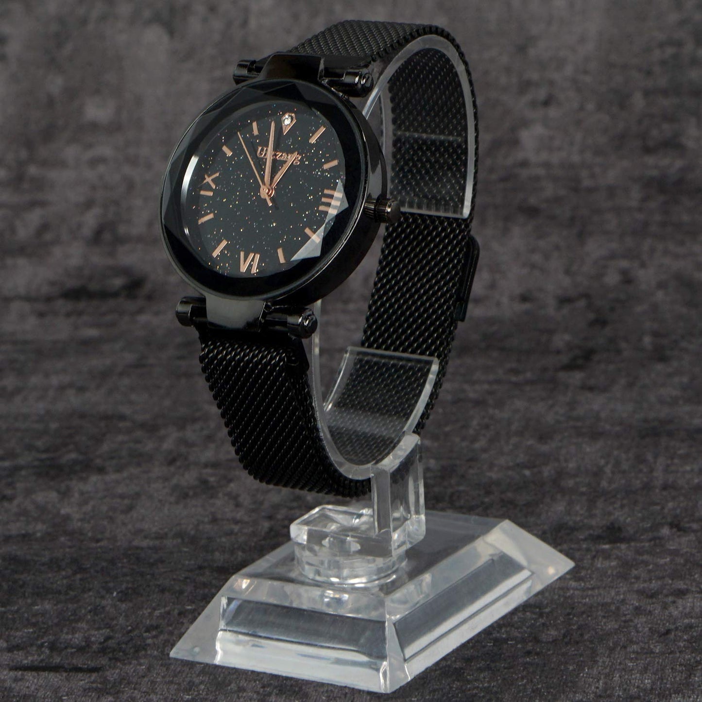 FUNGORGT Fashion Black Ladies Watch Magnetic Mesh Band Starry Sky Dial Analogue Quartz Wrist Watch for-Valentine's Day Gifts