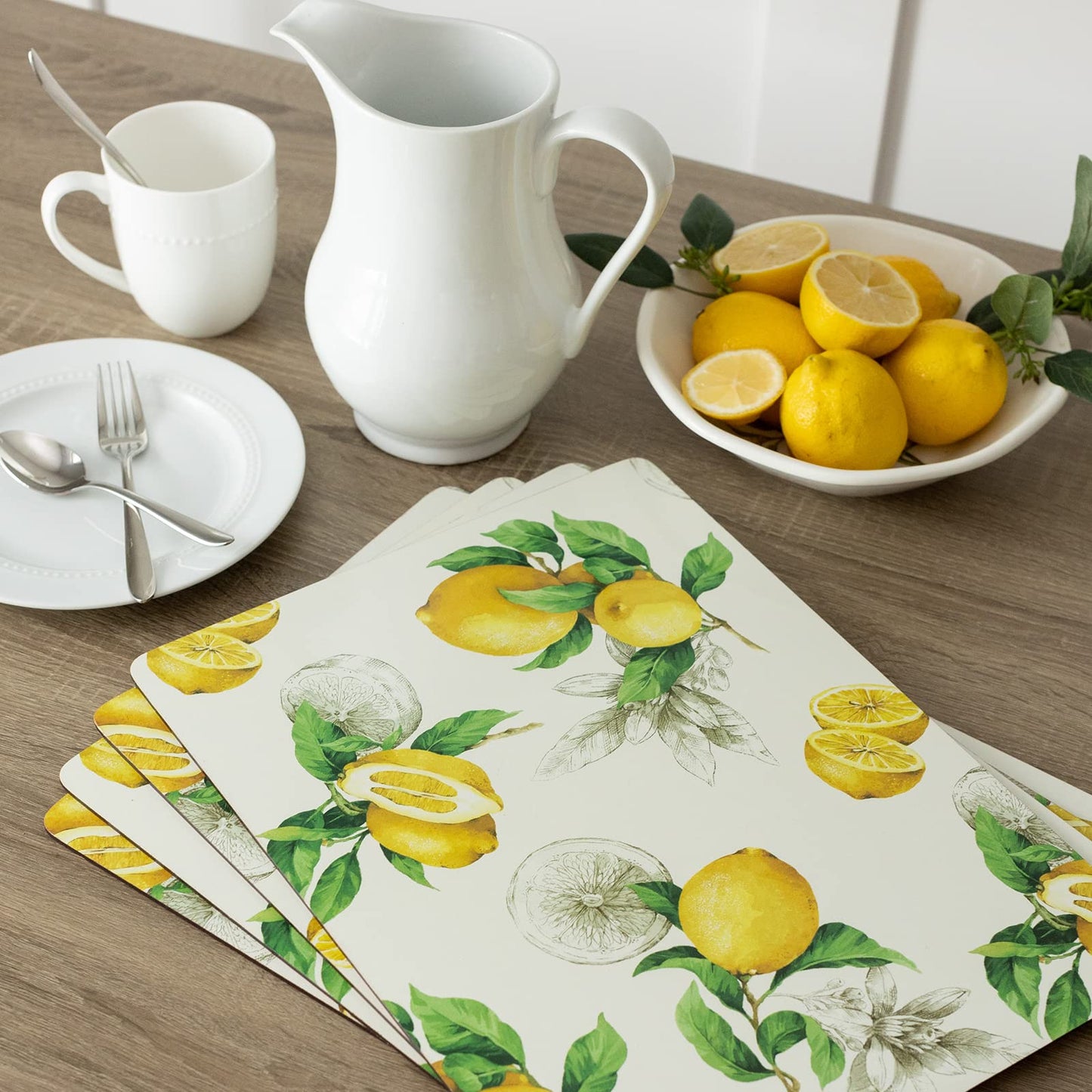 Benson Mills Cork Placemats Set of 4, Thick Cork Place Mats for Kitchen and Dining Tables, Easy Clean Table Mats (12" x 16" Rectangular Set of 4, Lemons)