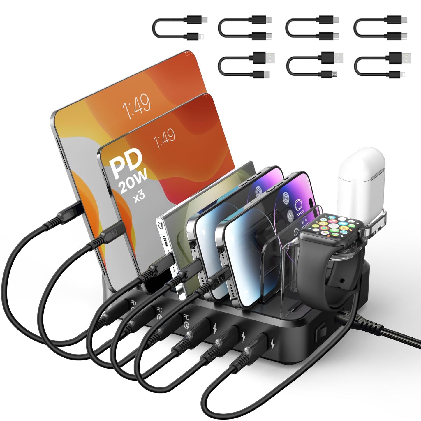 Charging Station for Multiple Devices,75W 6 Port Multi USB C Fast Charger Station with 7 Mixed Charging Cables,USB Charging Dock Compatible with iPhone, Samsung, iPad, Tablet and More