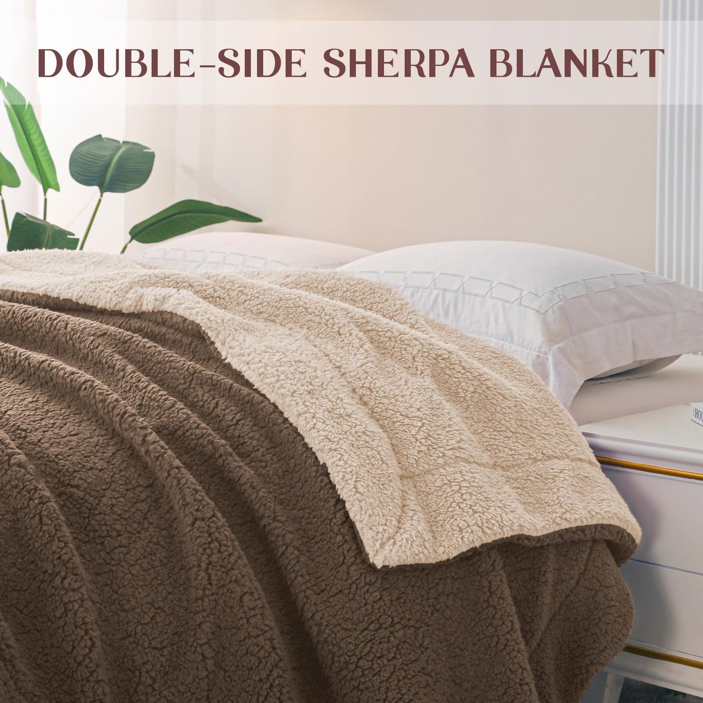 Exclusivo Mezcla Reversible Sherpa Fleece Throw Blanket for Couch, Soft Plush Blanket for Bed, Thick Warm Fluffy Blankets for Winter, 50x60 Inches, Brown/Khaki