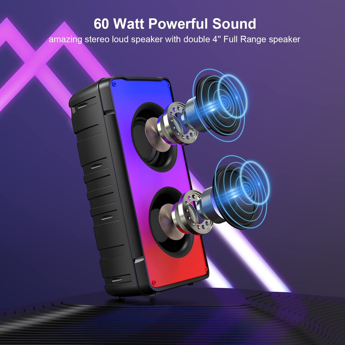 Bluetooth Speakers, 60W(80W Peak) Portable Loud Wireless Stereo Speaker with Rich Bass, Bluetooth 5.0, FM Radio, Colorful Light, TWS Pairing, EQ, 10000mAh Battery, Outdoor Speaker for Home Party Gift