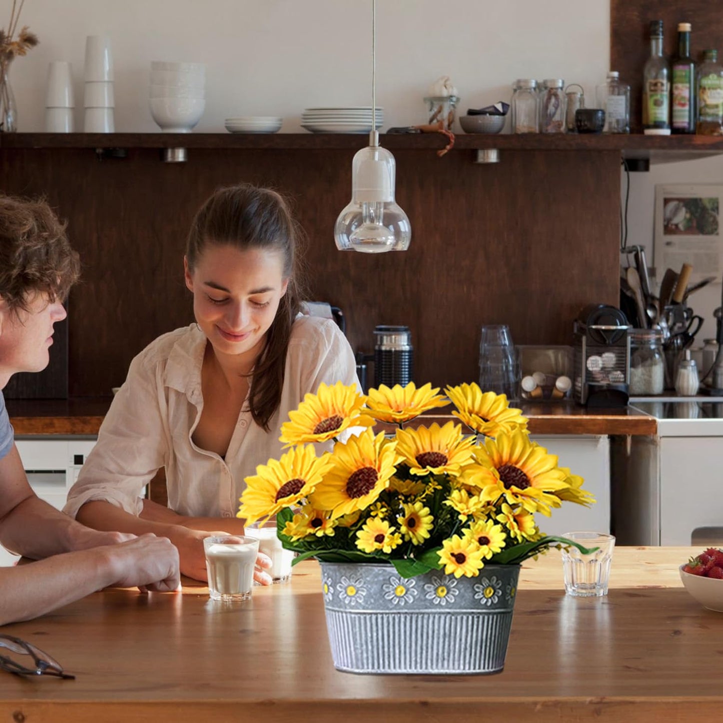 hopeme Artificial Flowers Fake Sunflowers in Pot, Faux Silk Flowers Floral Table Centerpiece Decoration, Rustic Potted Greenery for Farmhouse Home Décor