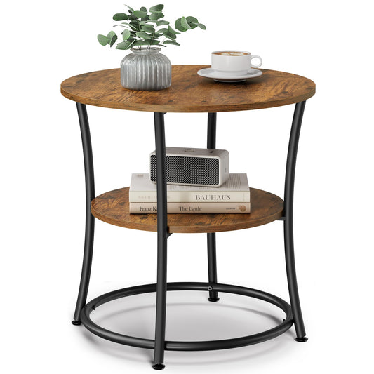 VASAGLE Side Table, 2-Tier Round End Table, Nightstand with Steel Frame for Small Spaces, Living Room, Bedroom, Rustic Brown and Ink Black