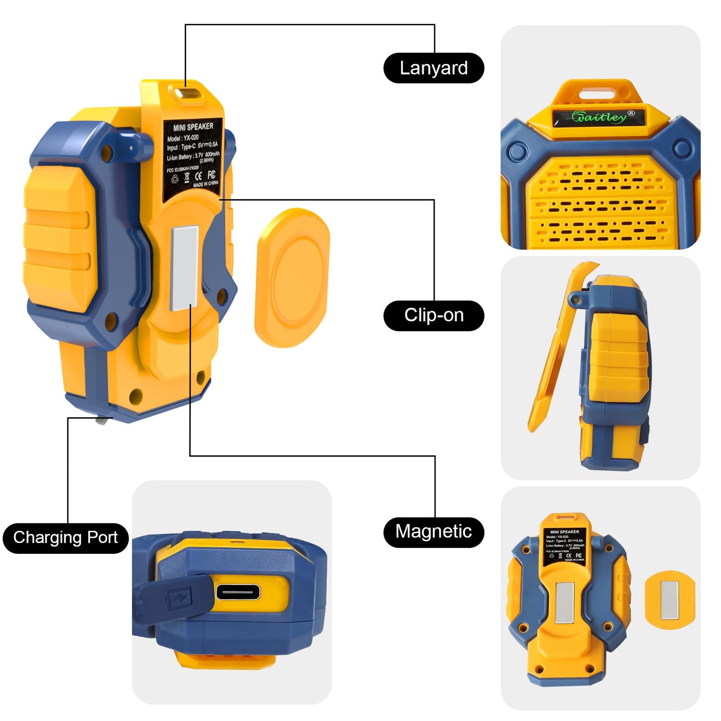 waitley Mini Wearable Bluetooth Speaker - Magnetic Clip, Clip-On & Lanyard 3-in-1, IP56 Waterproof, 12H Playtime, Built-in Mic for Outdoor, Camping, Running, Cycling, Worksite, Jobsite