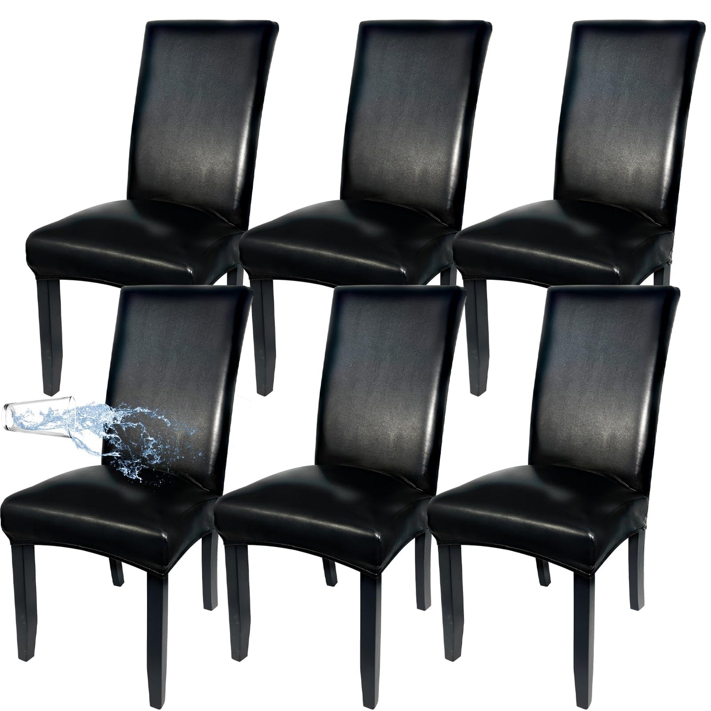 Soft Leather Chair Covers for Dining Chairs set of 6, Stretch Waterproof Dining Chair Covers Protector Oilproof and Scratch-Proof Parson Chairs Cover Modern Style for Kitchen Room(Black, 6Pcs)