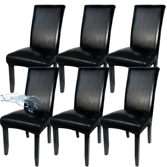 Soft Leather Chair Covers for Dining Chairs set of 6, Stretch Waterproof Dining Chair Covers Protector Oilproof and Scratch-Proof Parson Chairs Cover Modern Style for Kitchen Room(Black, 6Pcs)