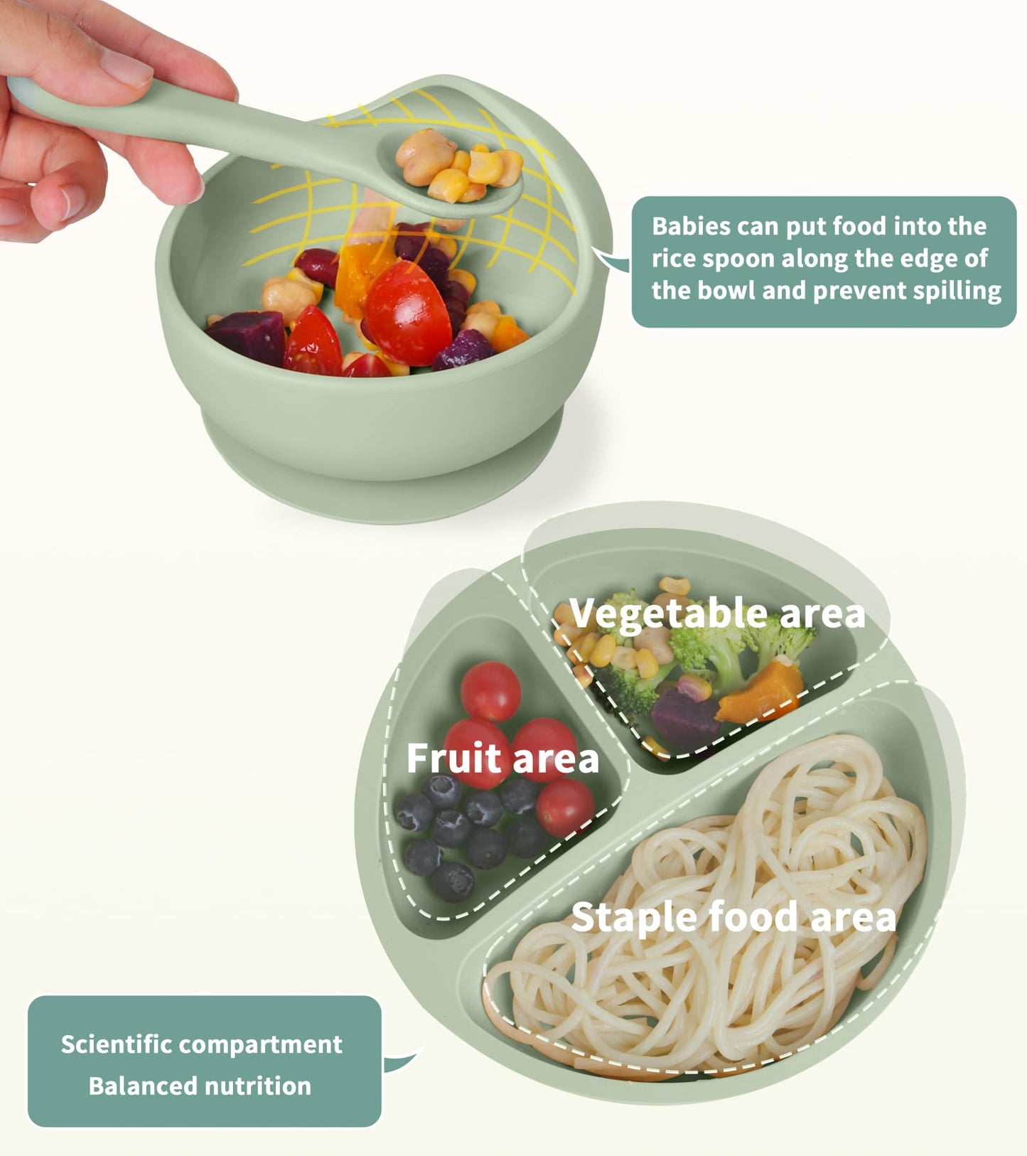 Silicone Baby Feeding Set, 10 Pcs Baby Led Weaning Supplies with Suction Bowl Divided Plate Adjustable Bib Soft Spoon Fork Snack Cup with Lid Drinking Cup, Utensil (Dark Green)