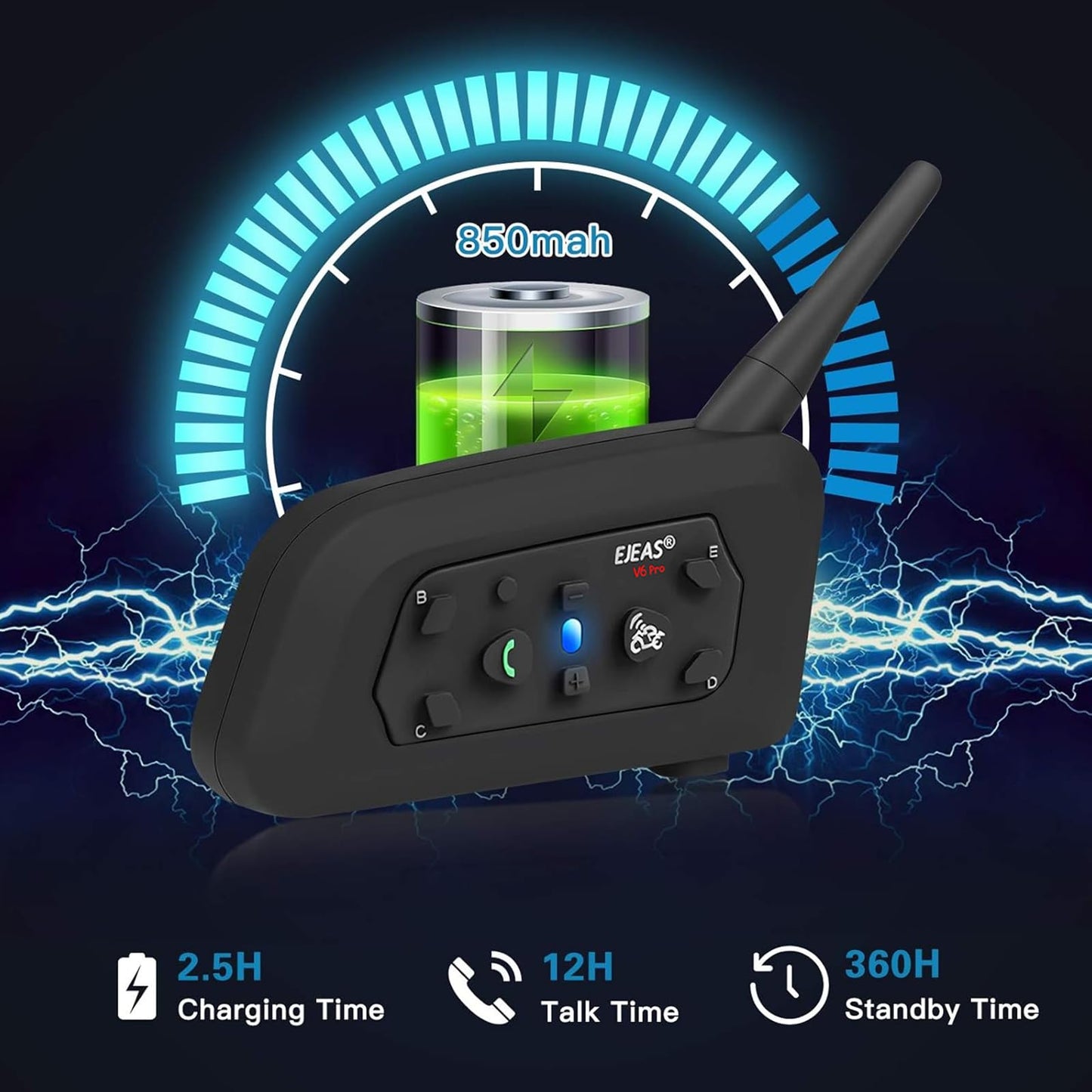 EJEAS V6 Pro Motorcycle Helmet Bluetooth Intercom, 2-Way 1200M Motorcycle Bluetooth Headset Universal Communication System with Noise Cancellation and Waterproof for Dirt Bike/ATV/Snowmobile (2PCS)