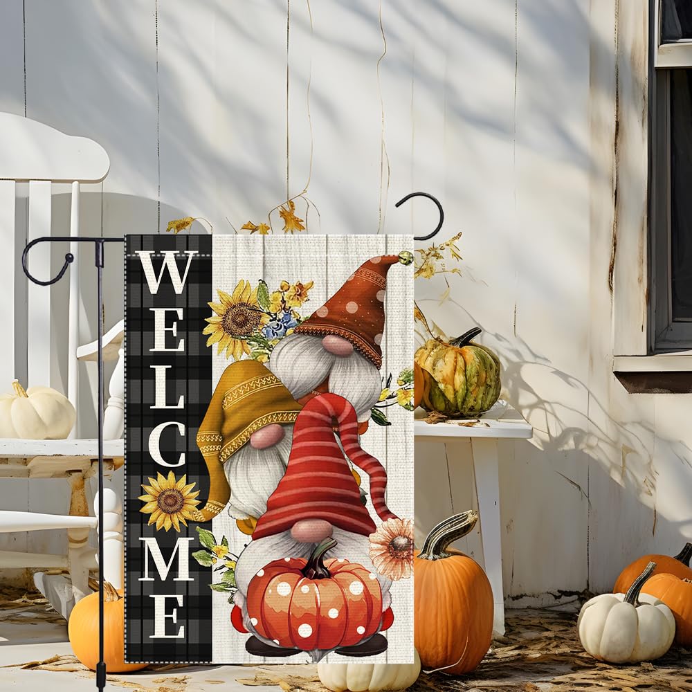Welcome Pumpkin Fall Garden Flags Polka Dots Gnome Garden Flag Double Sided Burlap Autumn Holiday Maple Leaf Yard Outside Patio Lawn Decorations 12x18 Inch