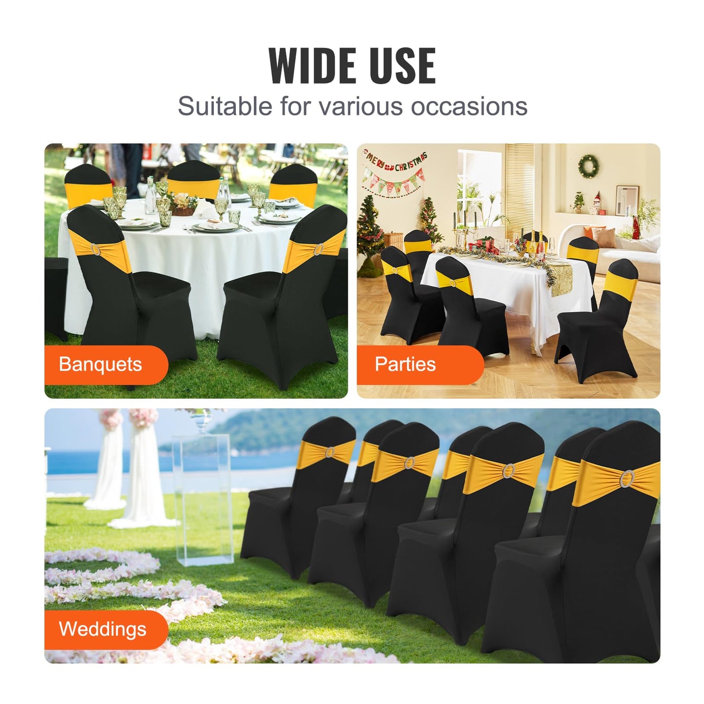 VEVOR 50 Pcs Black Chair Covers Polyester Spandex Stretch Slipcovers for Wedding Party Dining Banquet Arched-Front Chair Covers