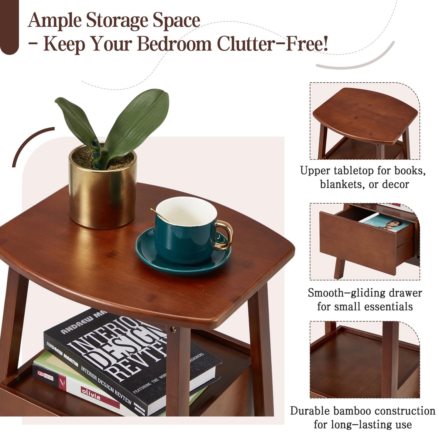 Danrelax Nightstand with Drawer and Storage Shelf, Small Bedside Table for Bedroom, Sturdy & Stylish Brown Bamboo Bed Side Table