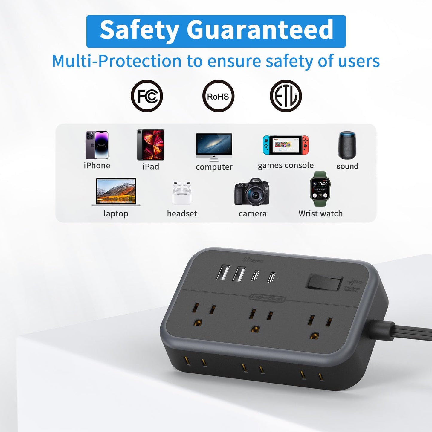 NTONPOWER Surge Protector Power Strip with 6 Outlets 4 USB Charging Station(2 USB C Port), 5 Ft Flat Extension Cord, Outlet Extender for Indoor, Home, Office Supplies, Dorm Room Essentials, Black