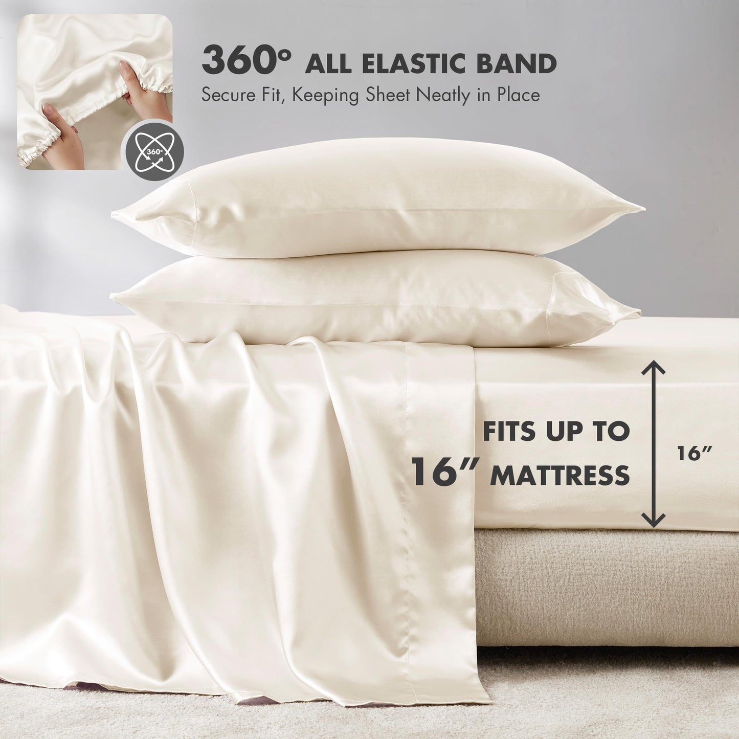 Madison Park Essentials Polyester Satin 6 Piece Sheet Set with Ivory MPE20-904, Queen