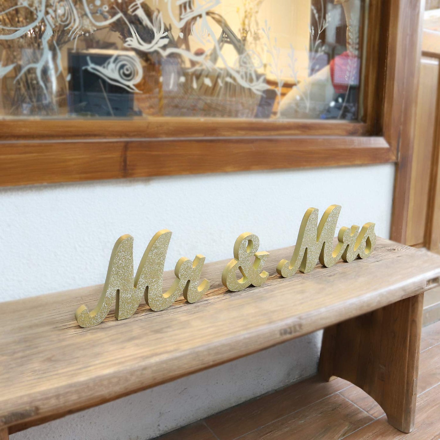 Wooden Mr and Mrs Sign, Rustic Mr. & Mrs. Letters Wedding Signs for Wedding Table, Miss Mr. Deroation for Photo Props/Party Table/Anniversary/Valentine's Day/Wedding & Engagement, Golden