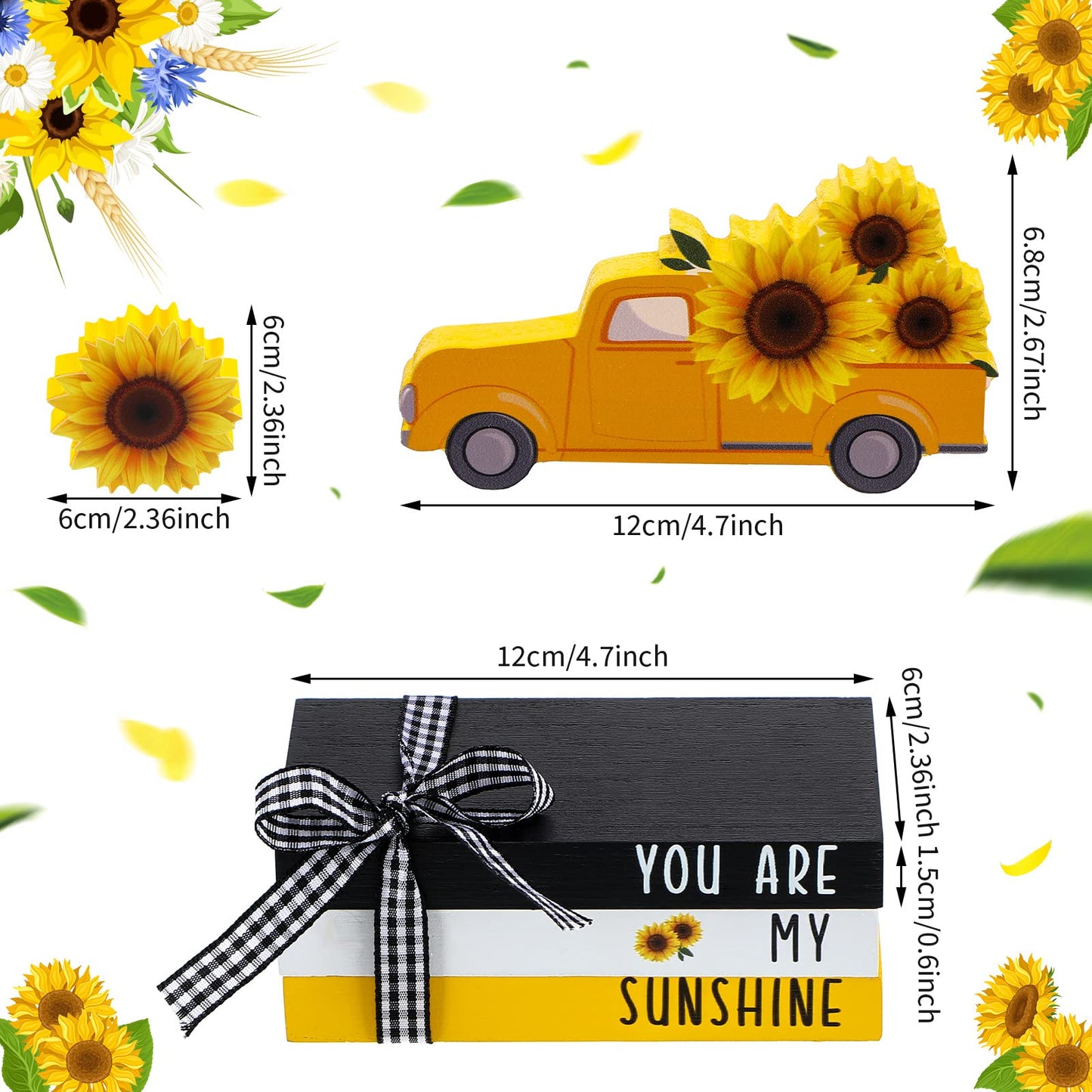 Yookeer 5 Pieces Farmhouse Tiered Tray Decor Items Rustic Wooden Mini Truck Bundle Books Stack Sign for Summer Spring Home Harvest Table Shelf Decorations(Sunflower Style)