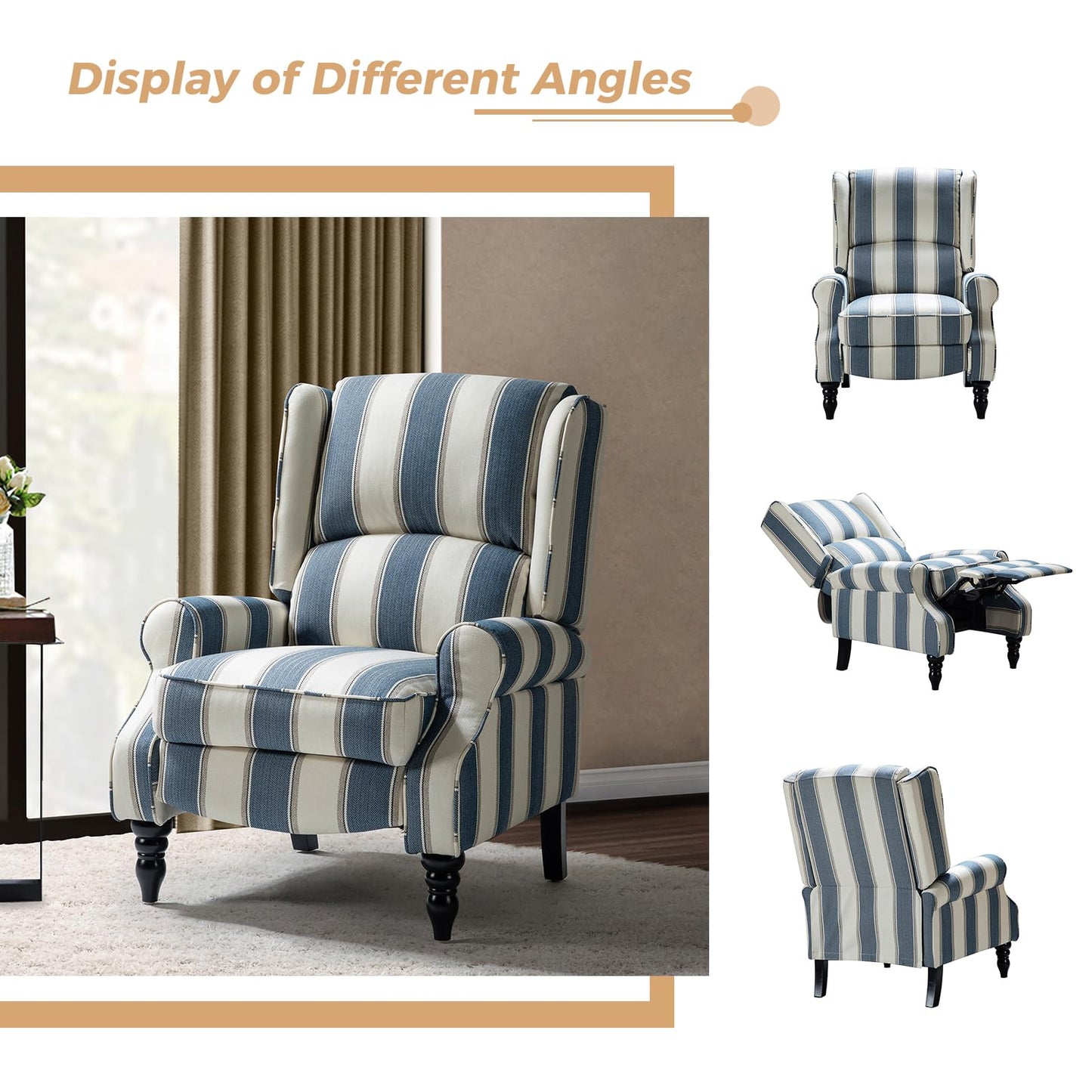 HULALA Home Upholstered Wingback Recliner Chair, Small Adjustable Footrest Push Back Single Reclining Sofa, Mid Century Modern Lounge Armchair for Living Room, Bedroom, Reading/Stripe Navy