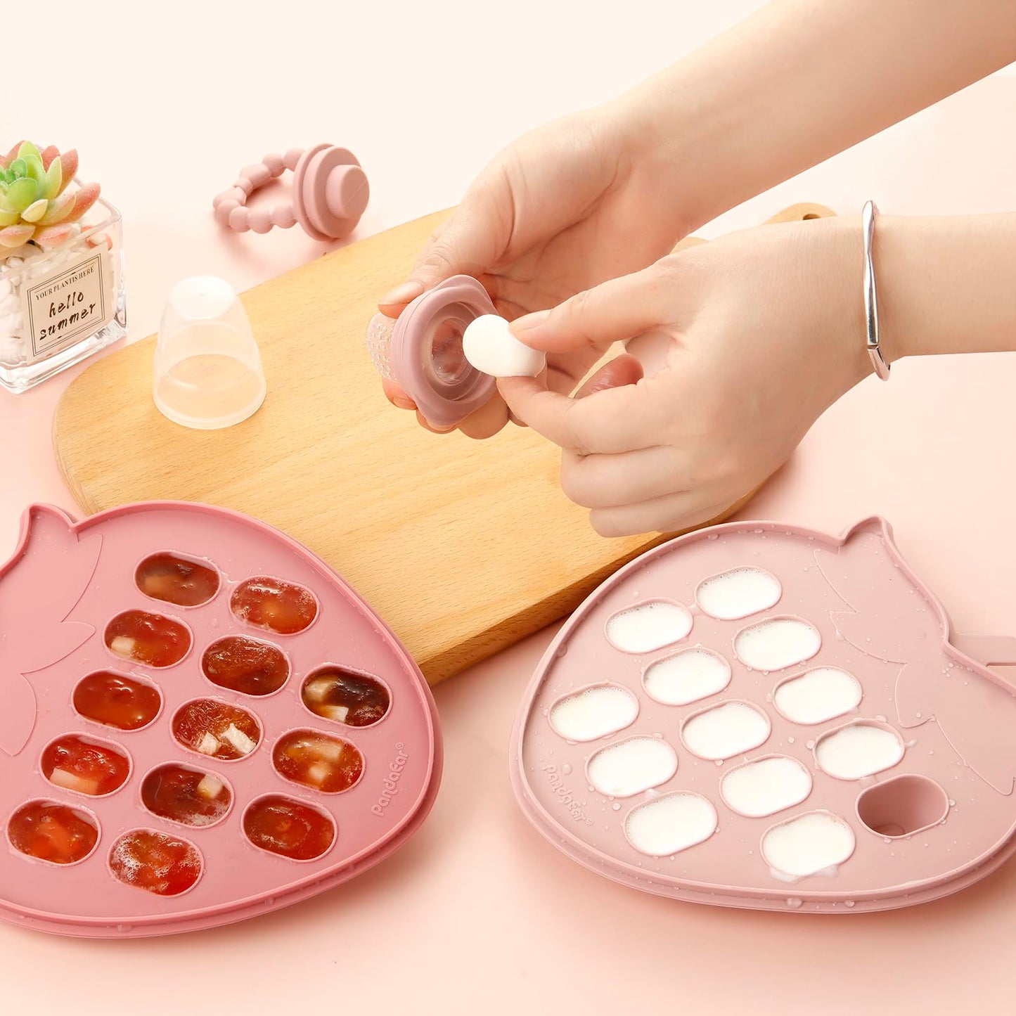 PandaEar 2 Pack Baby Breastmilk Popsicle Molds, Silicone Nibble Freezer Tray with Lid, Baby Fruit Food Feeder Teether Tray, 13 x 0.5 oz Baby Food Storage Container for Homemade Baby Food