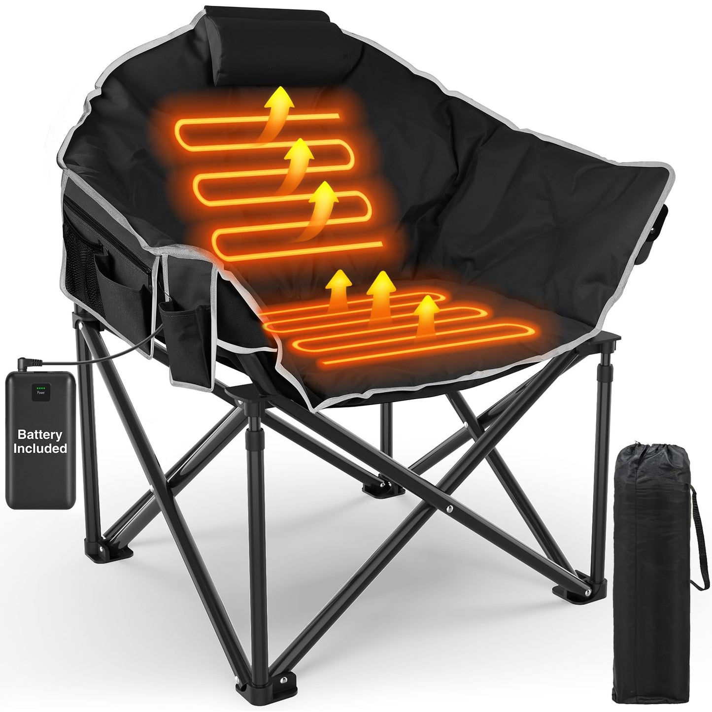 Slendor Oversized Heated Camping Chair with Power Bank, Portable Lounge Lawn Chairs, 3-Level Heats Padded Camping Chairs with Pillow, Storage Bag,10S Quick Heat, Extra Large, Supports 440lbs, Black