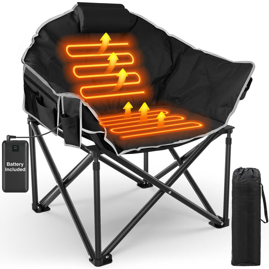 Slendor Oversized Heated Camping Chair with Power Bank, Portable Lounge Lawn Chairs, 3-Level Heats Padded Camping Chairs with Pillow, Storage Bag,10S Quick Heat, Extra Large, Supports 440lbs, Black