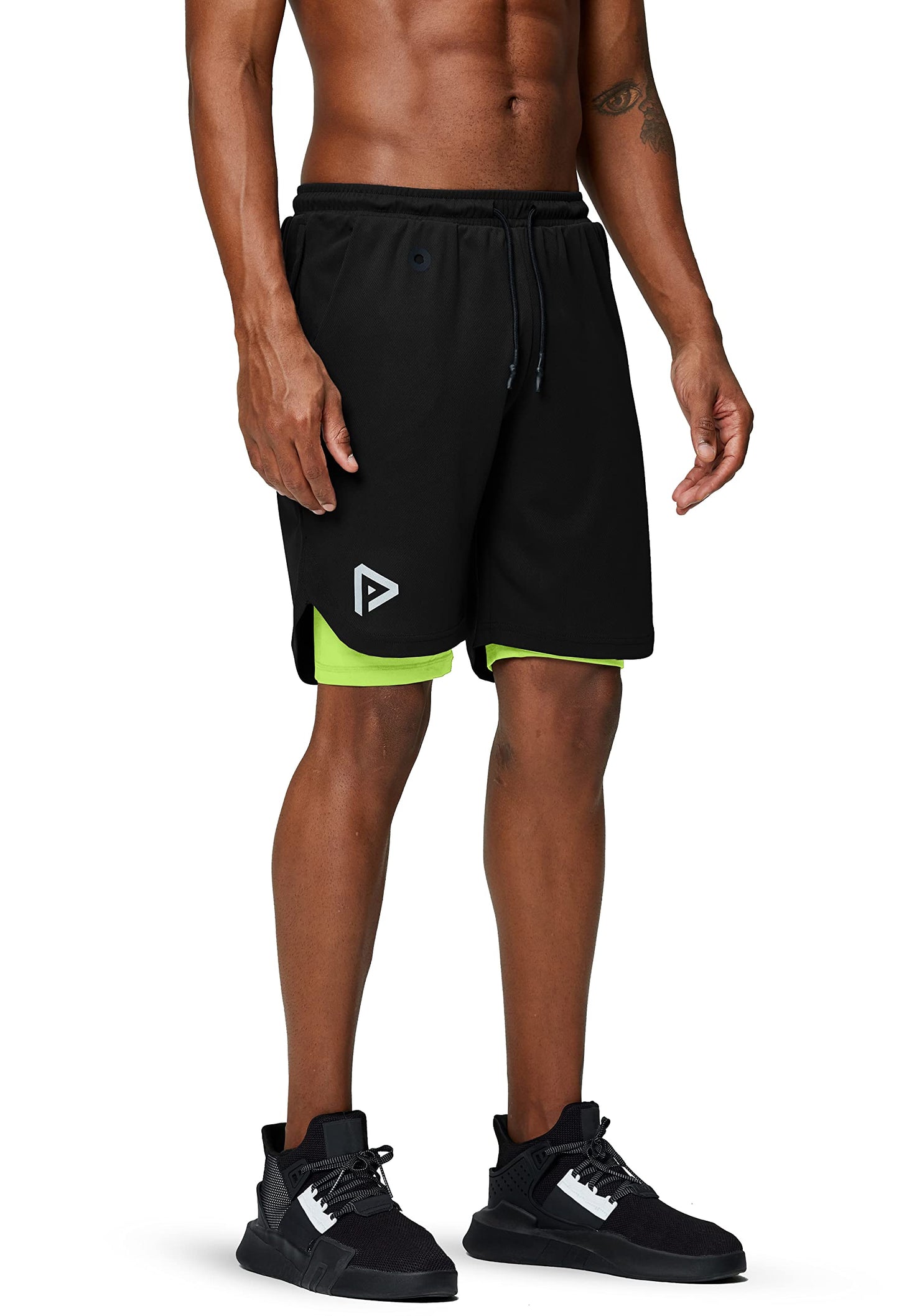Pinkbomb Men's 2 in 1 Running Shorts Gym Workout Quick Dry Mens Shorts with Phone Pocket (Black&Green, Large)