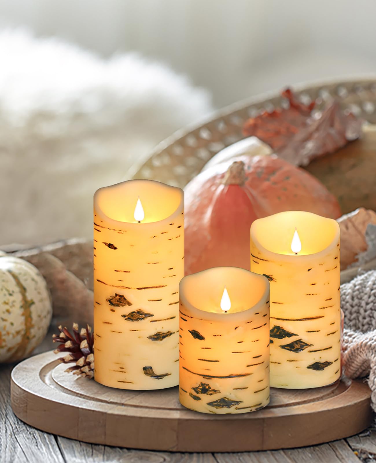 QQFCTOO Flameless Birch Bark Candles Flashing Battery Operated Candles LED Pillar Candles with Remote Control and Timer Set of 3