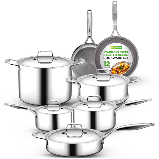 NutriChef 12-Piece Stainless Steel Kitchenware - Pots & Pans Set Clad Kitchen Cookware w/Steel Handles,Fry Pan Interior Coated w/Prestige Ceramic Non-Stick Coating,Stylish Kitchen Cookware, NCSSX45