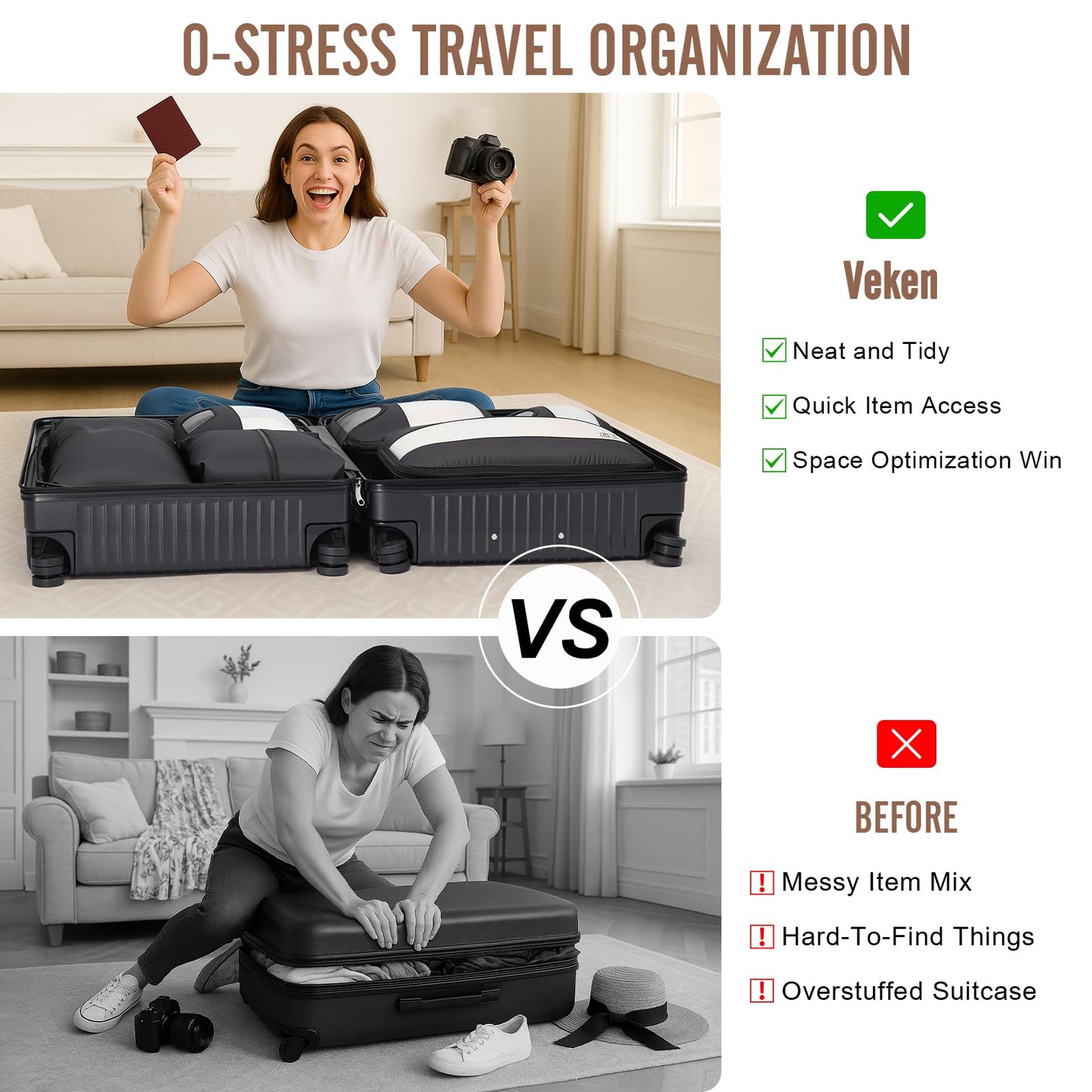 Veken 8 Set Packing Cubes for Travel Essentials, Suitcase Organizer Bags in 4 Sizes, Carry-On Luggage Accessories with Large Laundry & Hanging Toiletry Bag, Must-Have for Airplane, Road Trip & Camping