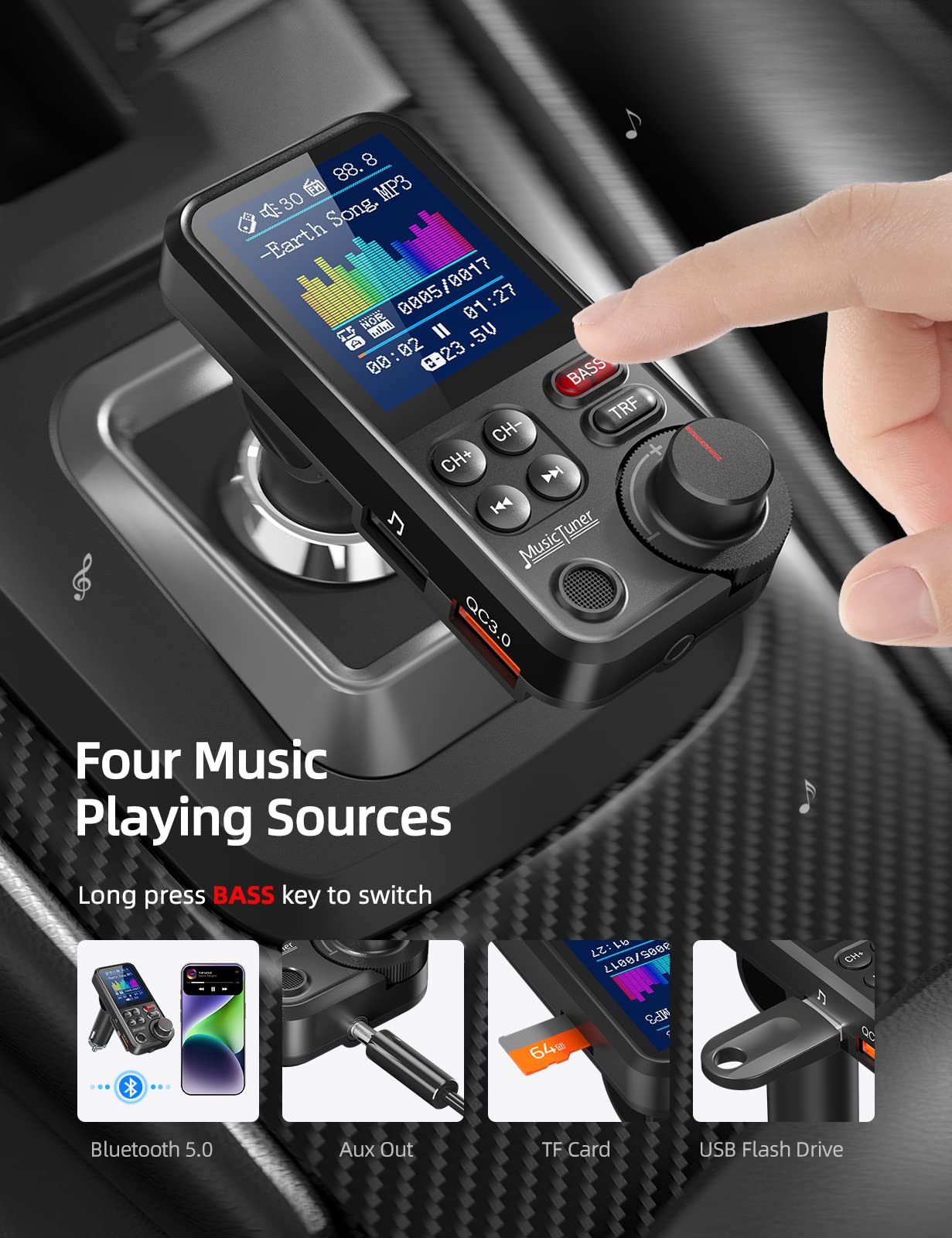 Nulaxy FM Bluetooth Transmitter for Car, Strong Microphone Bluetooth Car Adapter with 1.8" Color Screen for Hands-Free Calls, Supports QC3.0 Charging, Treble and Bass Sound Music Player- KM30