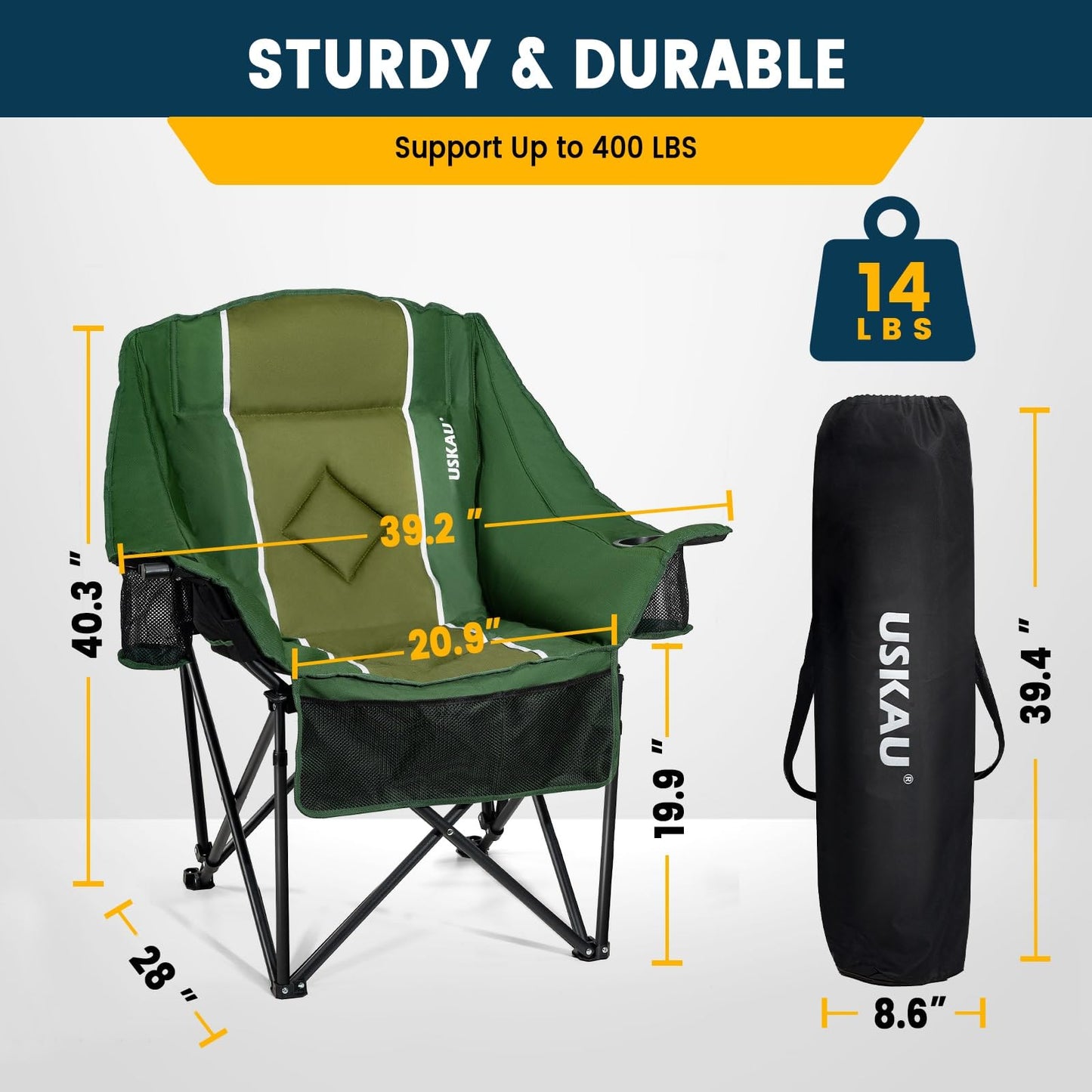 USKAU Oversized Camping Chair for Large Adults Heavy Duty 400 lbs Capacity, Comfortable Padded Folding Lawn Chair with Back & Headrest Support and Cup Holder, Portable Outdoor Chair with Carry Bag