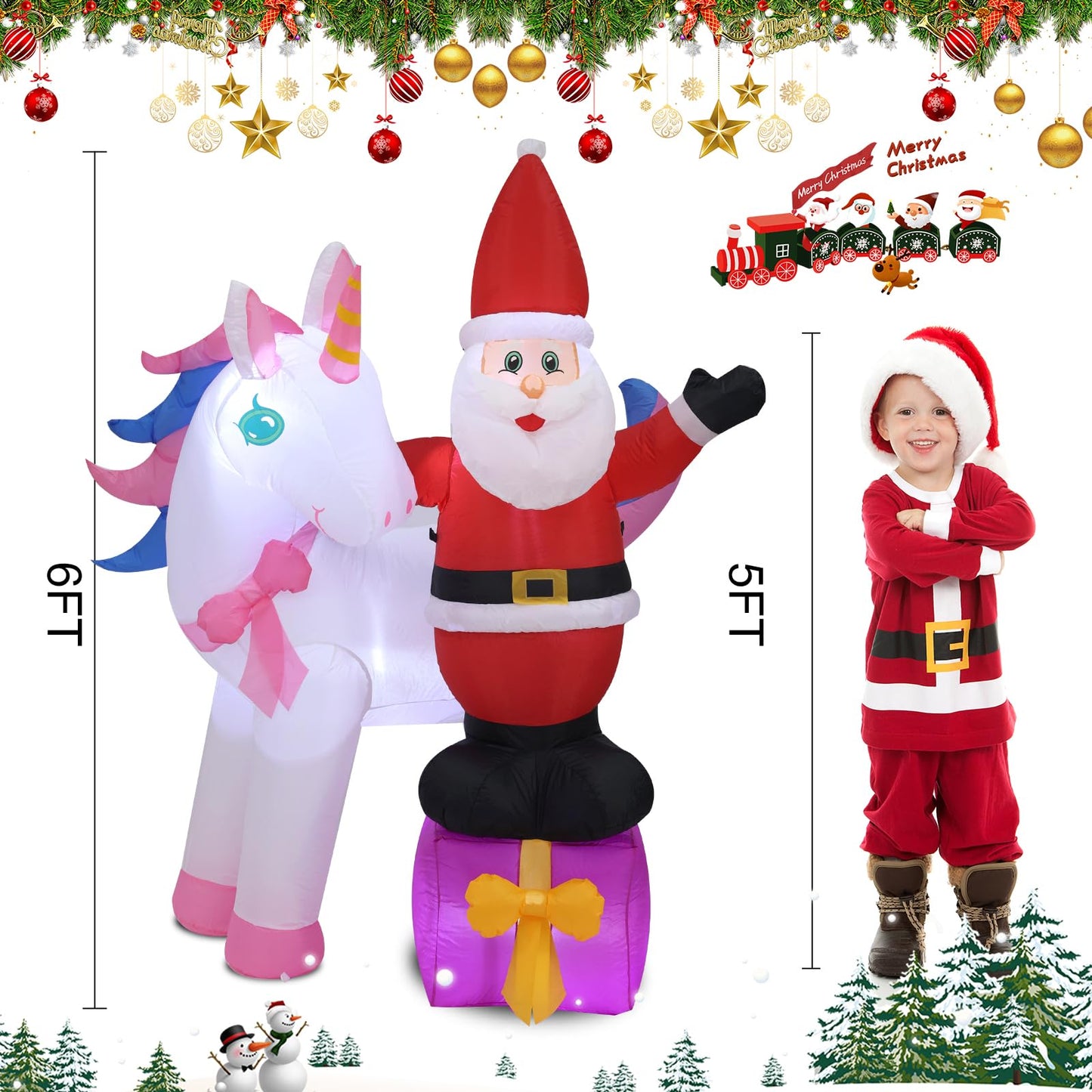 InfleasJoiy 6FT Old Man Unicorn Christmas Inflatable Decoration with LED Lights for Holiday Celebration Decorations on Yard, Lawn and Patio