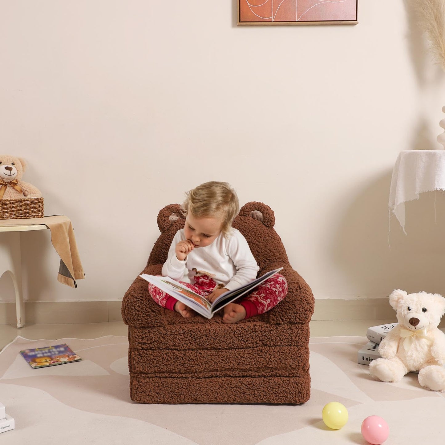 MOMCAYWEX Foldable Kids Sofa, Sherpa Teddy Bear Toddler Couch with Tri Folding Foam Cushions, Comfy Couch for Kids Age 18 Months and Up