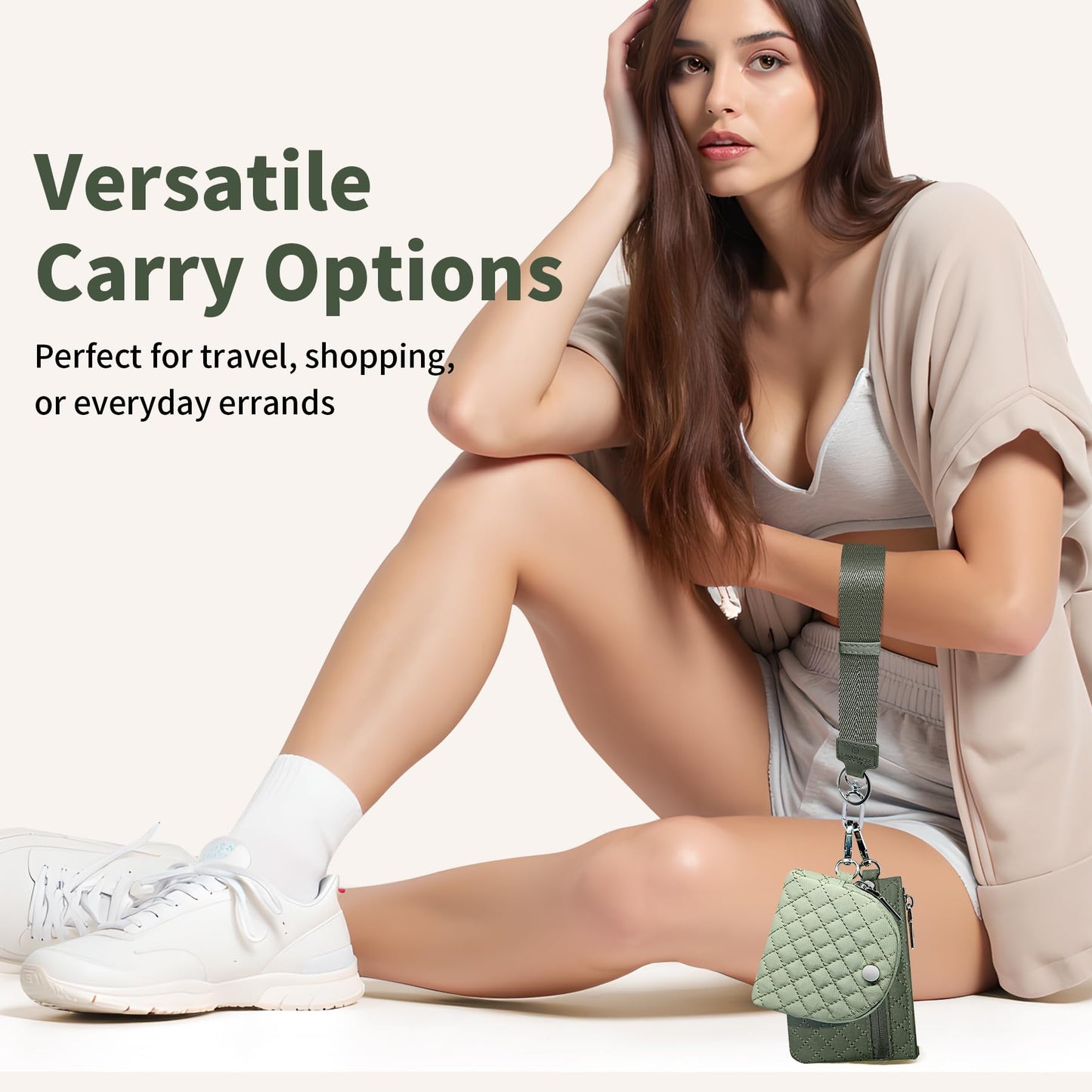 Lavarach Keychain Wallet Quilted Grid Mini Zip Around Wristlet Wallets for Women Detachable Dual Pouch Wristlet Portable Coin Purse Small Wallets Green