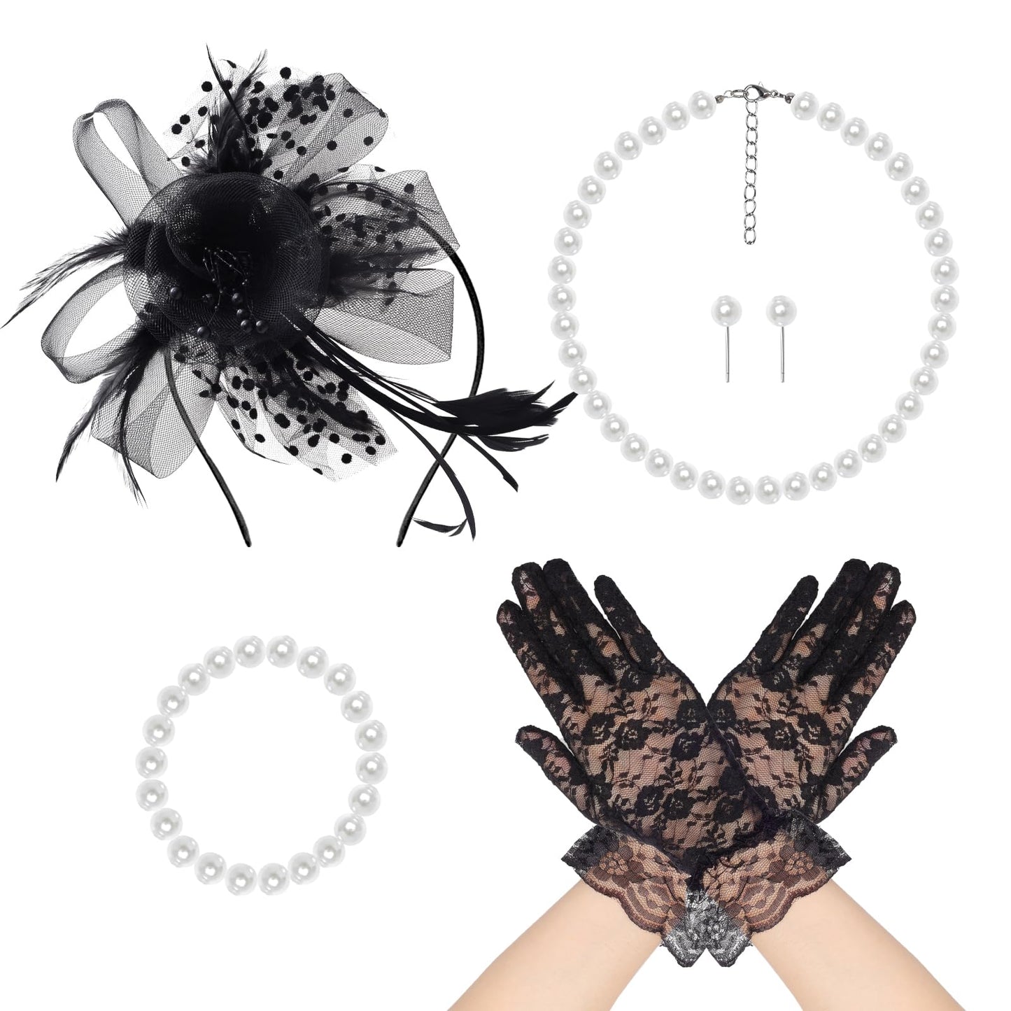 Fumwase 5Pcs Tea Party Fascinators Hat with Lace Gloves Pearl Necklace Earring Bracelet Tea Party Favors Kit
