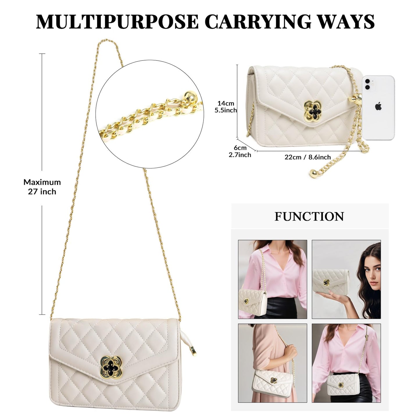 ZWI-player Quilted Leather Crossbody Bags for Women Trendy Ladies Shoulder Purse Satchel HandBag with Chain Strap (White)