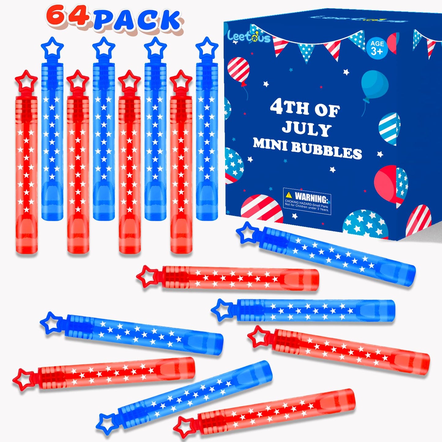 Patriotic Mini Bubbles Wands Toys Bulk 64 Pack - Party Favors Supplies for Kids, 4th of July Red White Blue Gift Prize Games Accessories Decoration for Independence Day Fourth of July Parade Throws