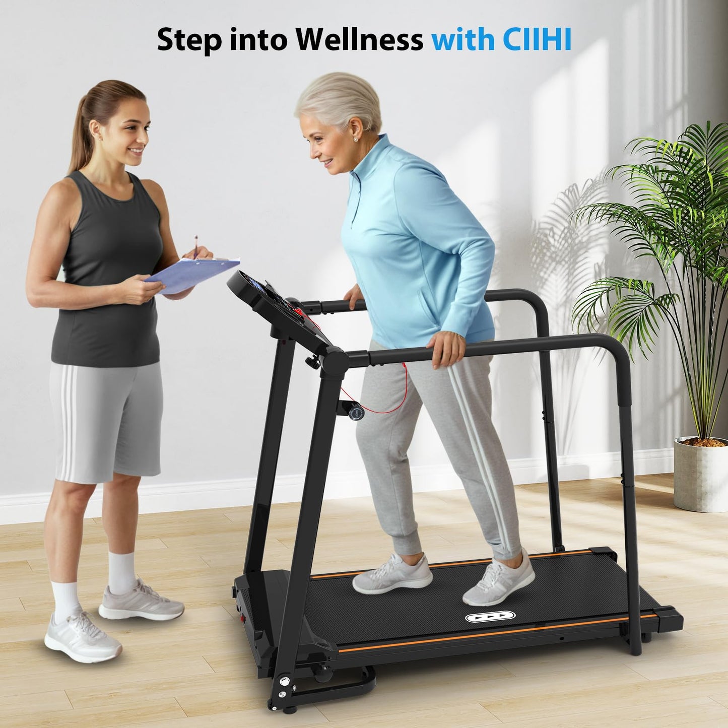 CIIHI Walking Treadmill for Senior - 300 Lbs Capacity Foldable Senior Treadmill with Long Handrails - Home Recovery Fitness Exercise Walking Machine for Elder with Phone & Cup Holder