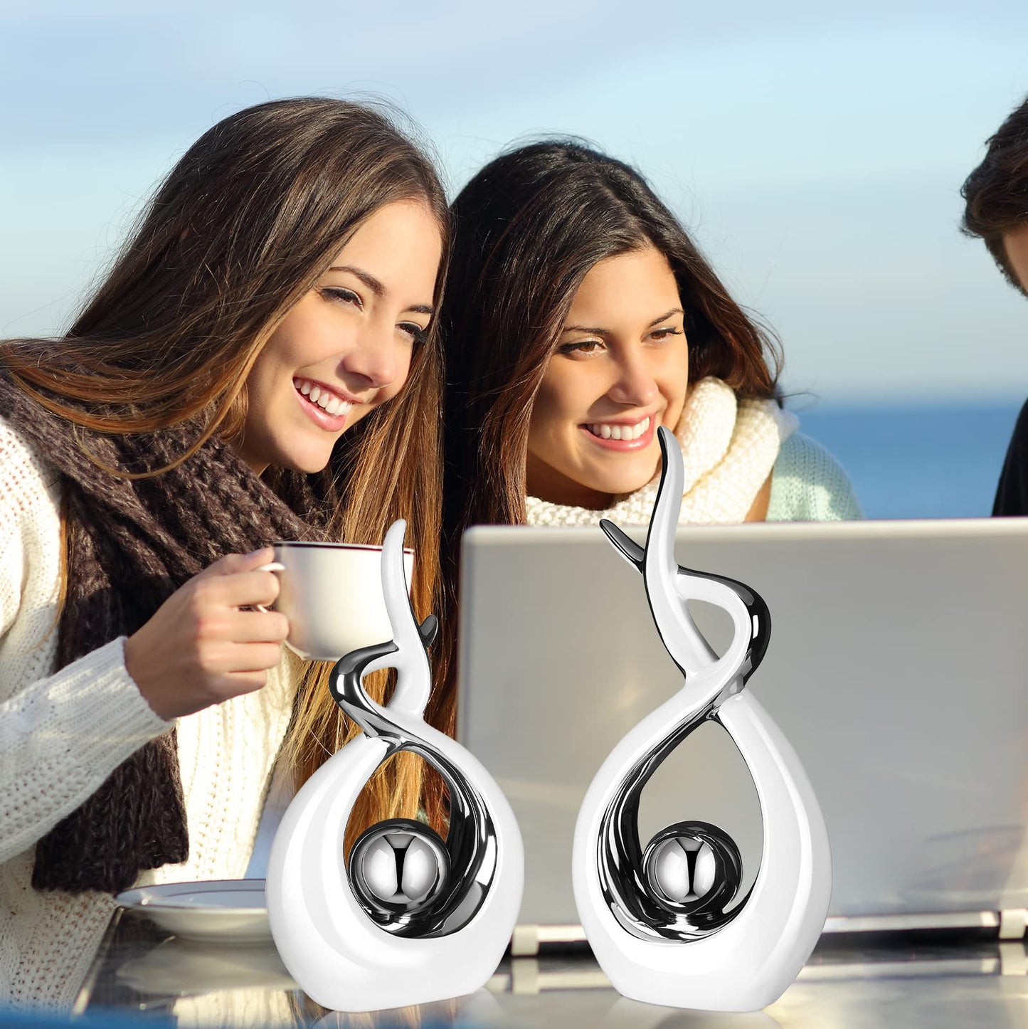 2 Pcs Modern Room Ceramic Decor Center Pieces Table Decorations Ceramic Statue Coffee Table Decor Centerpiece for Home Office Coffee Living Room, 2 Size(White, Silver)