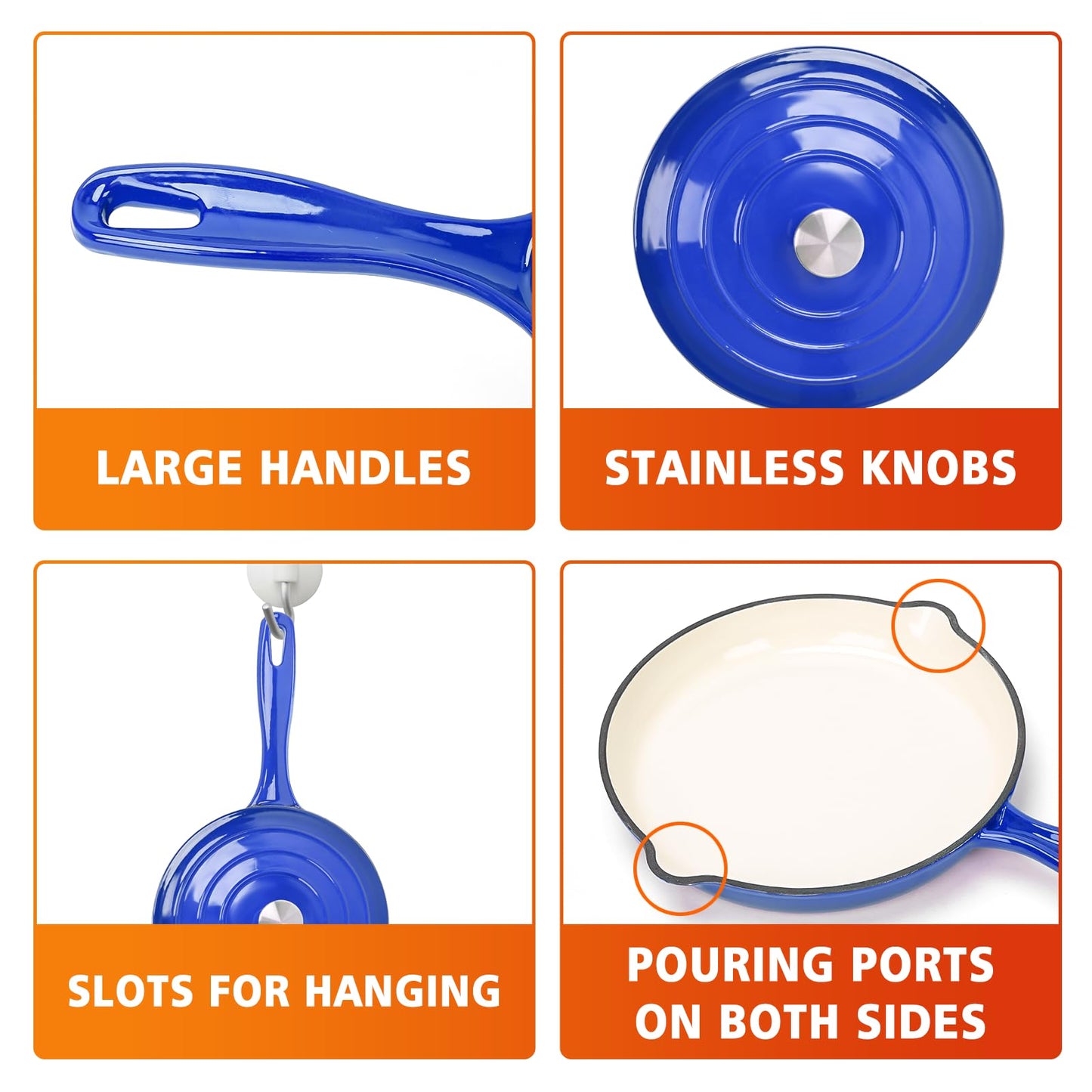 Hisencn 7-Piece Enameled Cast Iron Cookware Set-Dutch Ovens, Skillet & Saucepan with Lids- Ceramic Coated, Heavy Duty, Gas/Induction Compatible, Oven Safe to 550°F, PFOA-Free, Cobalt Blue