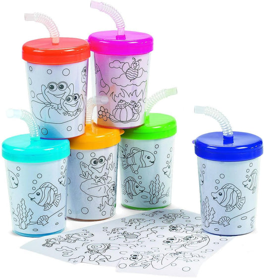 Fun Express Plastic Cups with Lids and Straws- Set of 12, BPA-Free, 6 Oz