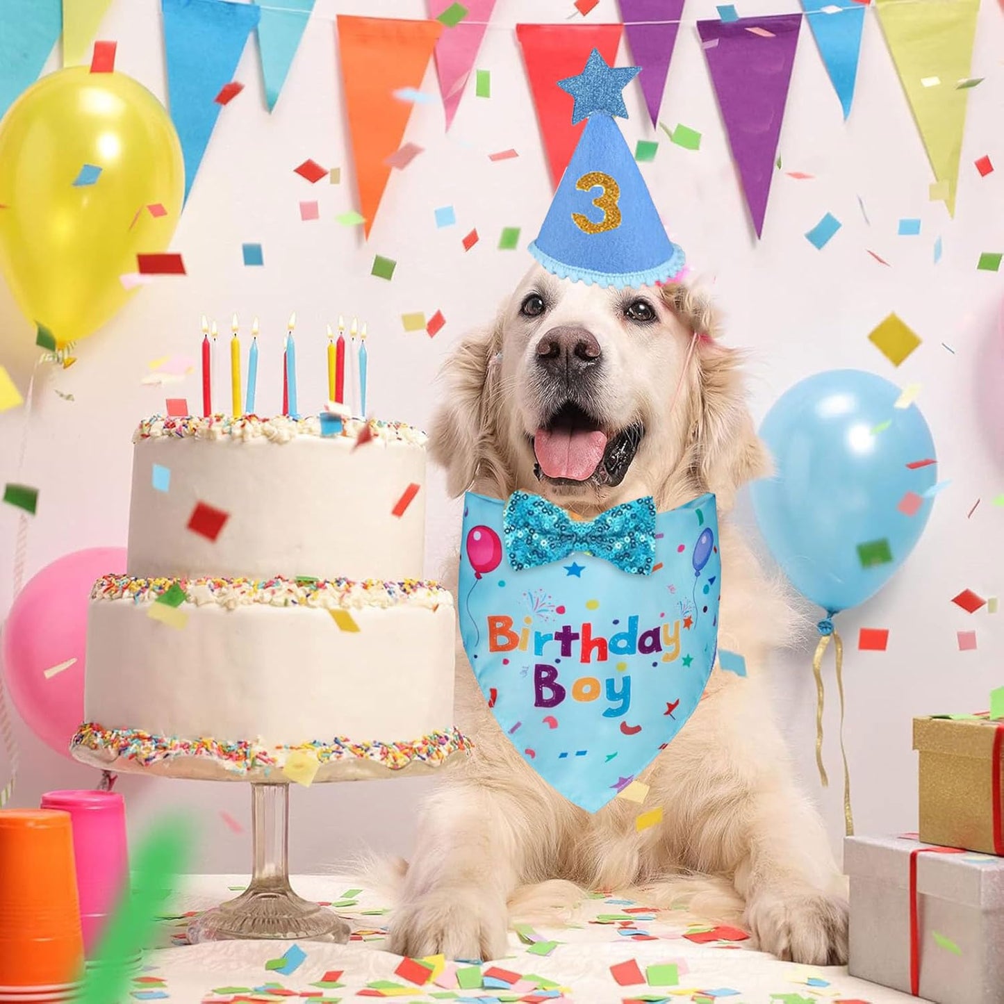 Dog Birthday Bandana Set, Dog Cat Birthday Party Supplies Boy Girl Birthday Party Hat Bow Tie Collar Set with Number for Large Medium Small Pet (Blue)