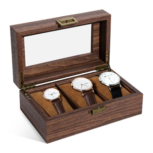 Uten Watch Box 3 Slots, Watch Case Organizer with Real Glass Lid, Wood Grain PU Leather Watch Display Storage Box with Removable Imitation Suede Watch Pillows, Metal Clasp