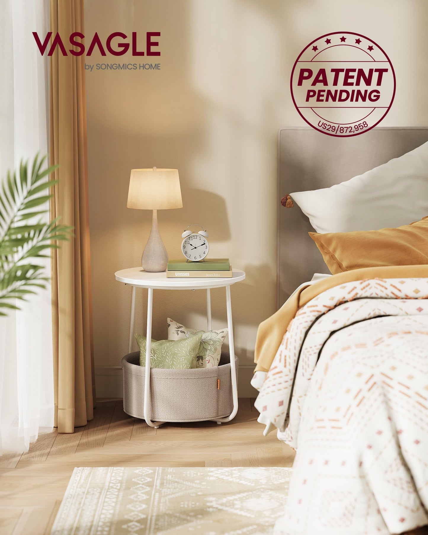 VASAGLE Small Round Side End Table, Modern Nightstand with Fabric Basket, Matte White and Camel Brown ULET223W10