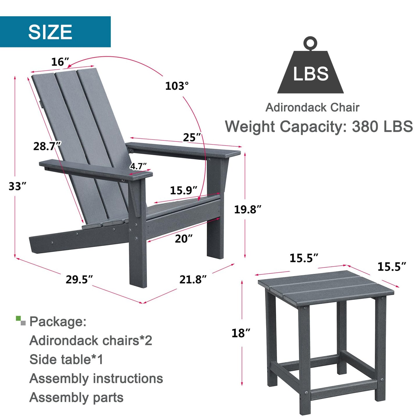 Skypatio Adirondack Chair Set of 2 with Side Table, All-Weather Patio Fire Pit Chairs High-Density Polyethylene Adirondack Chairs for Porch, Balcony, Deck, Lawn, Backyard, Grey